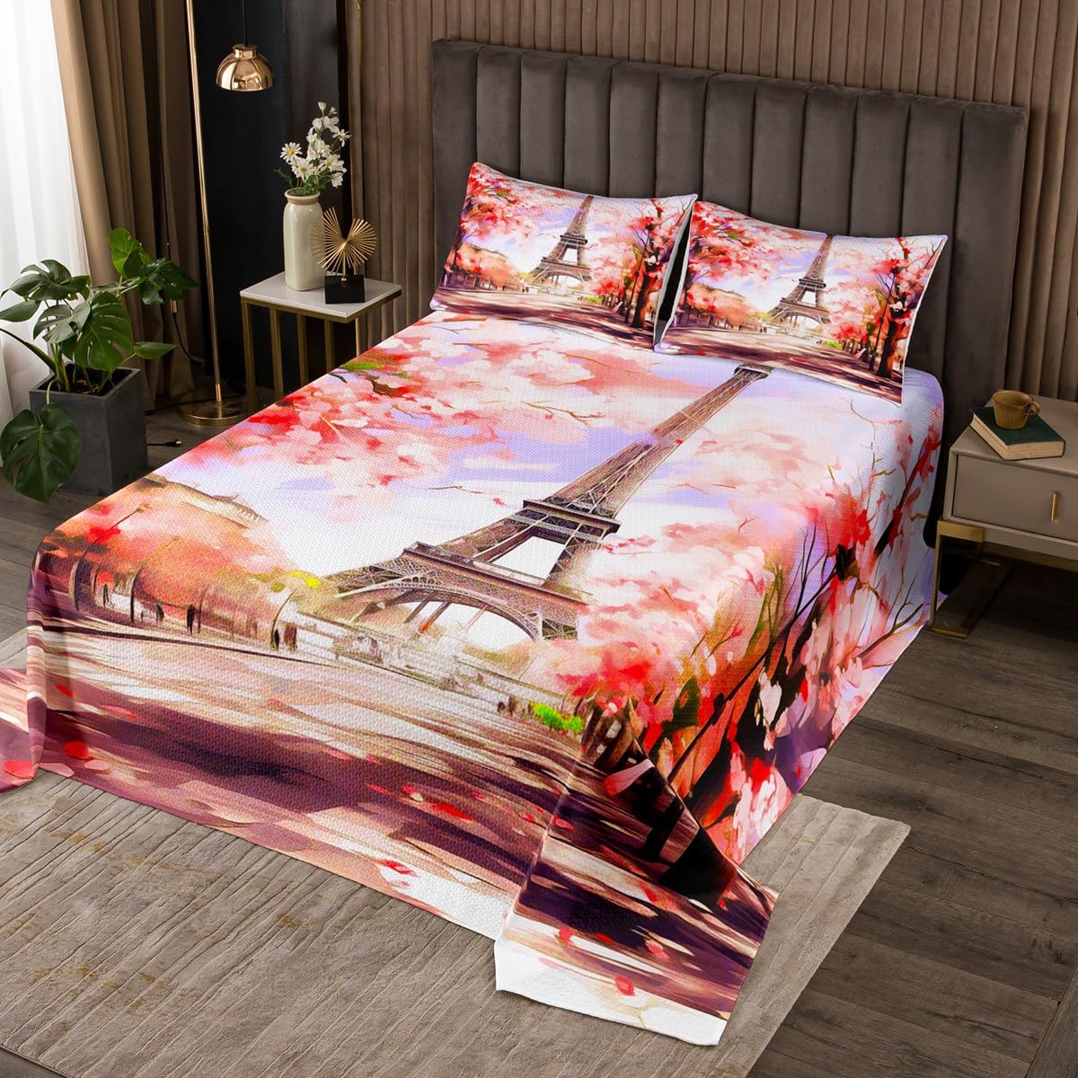 jejeloiu Red Eiffel Tower Bedspread Paris Coverlet Set for Kids Boys Girls Teens Room Decor Cherry Blossoms Romantic Floral Flower Quilted Coverlet Twin Size