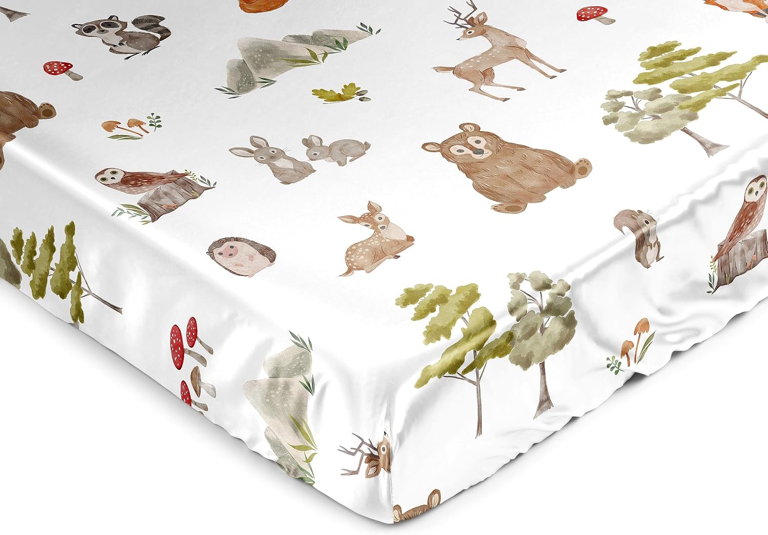 Sweet Jojo Designs Woodland Forest Animals Boy Girl Gender Neutral Unisex Baby Satin Fitted Crib Sheet Infant Newborn Nursery Toddler Bed Room Standard Mattress Animal Friends Bear Fox Hedgehog Deer