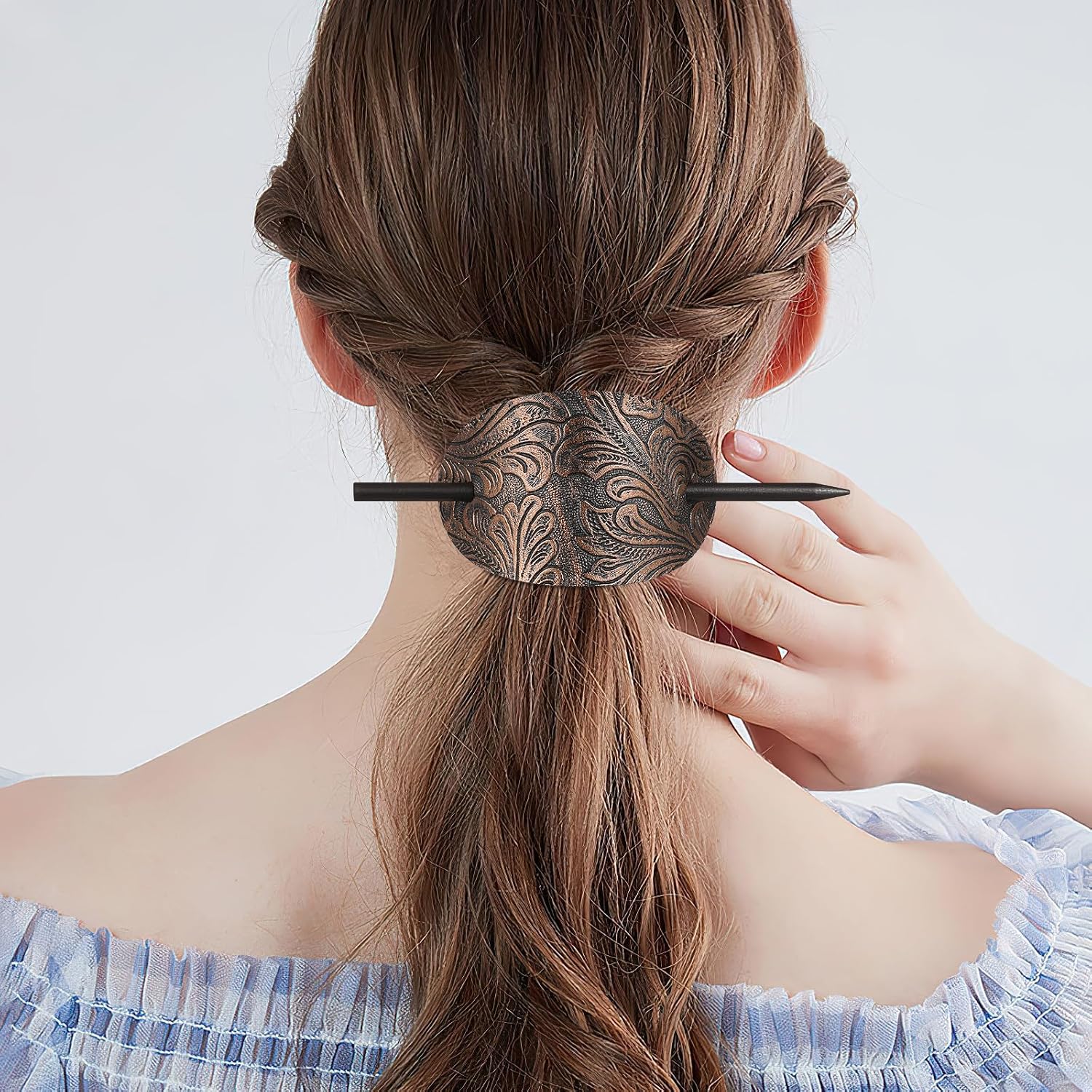 Beavorty Leather Barrette with Stick Hair Bun Holder, Hair Stick Clip Hair Barrettes for Women, Gold Hair Jewels, Oval Ponytail