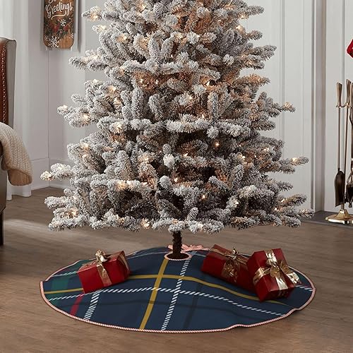 Miniatura 6 de Falda de árbol de Navidad de 48 pulgadas, falda clásica de lino a cuadros azul marino para árbol de Navidad para fiestas de vacaciones, decoración