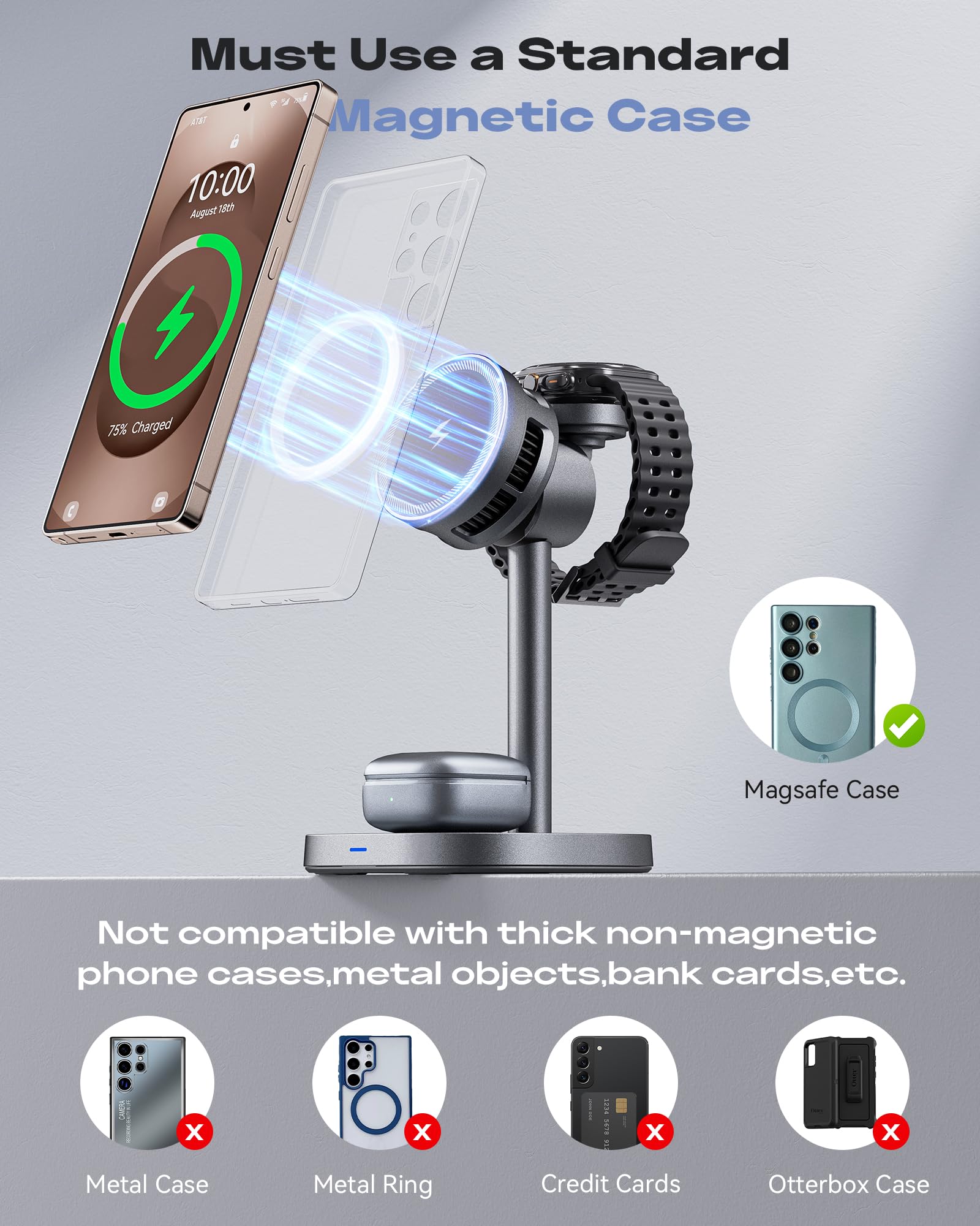 Magnetica Stazione di Ricarica 3 in 1 per Samsung, Caricatore Wireless Veloce 15W con Raffreddamento TEC Compatibile Galaxy S26 Ultra/S25/S24/Z Fold 7/Flip7, Samsung Watch Ultra/8/7, Galaxy Buds