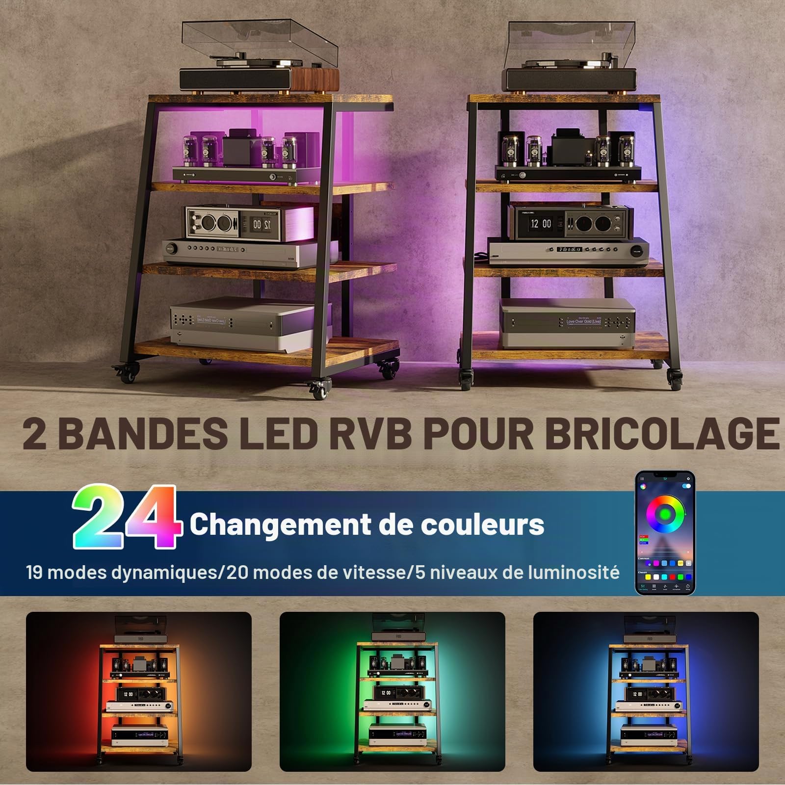 Meuble HiFi avec 4 Étagères en Bois, Hauteur Réglable, Capacité 50 kg
