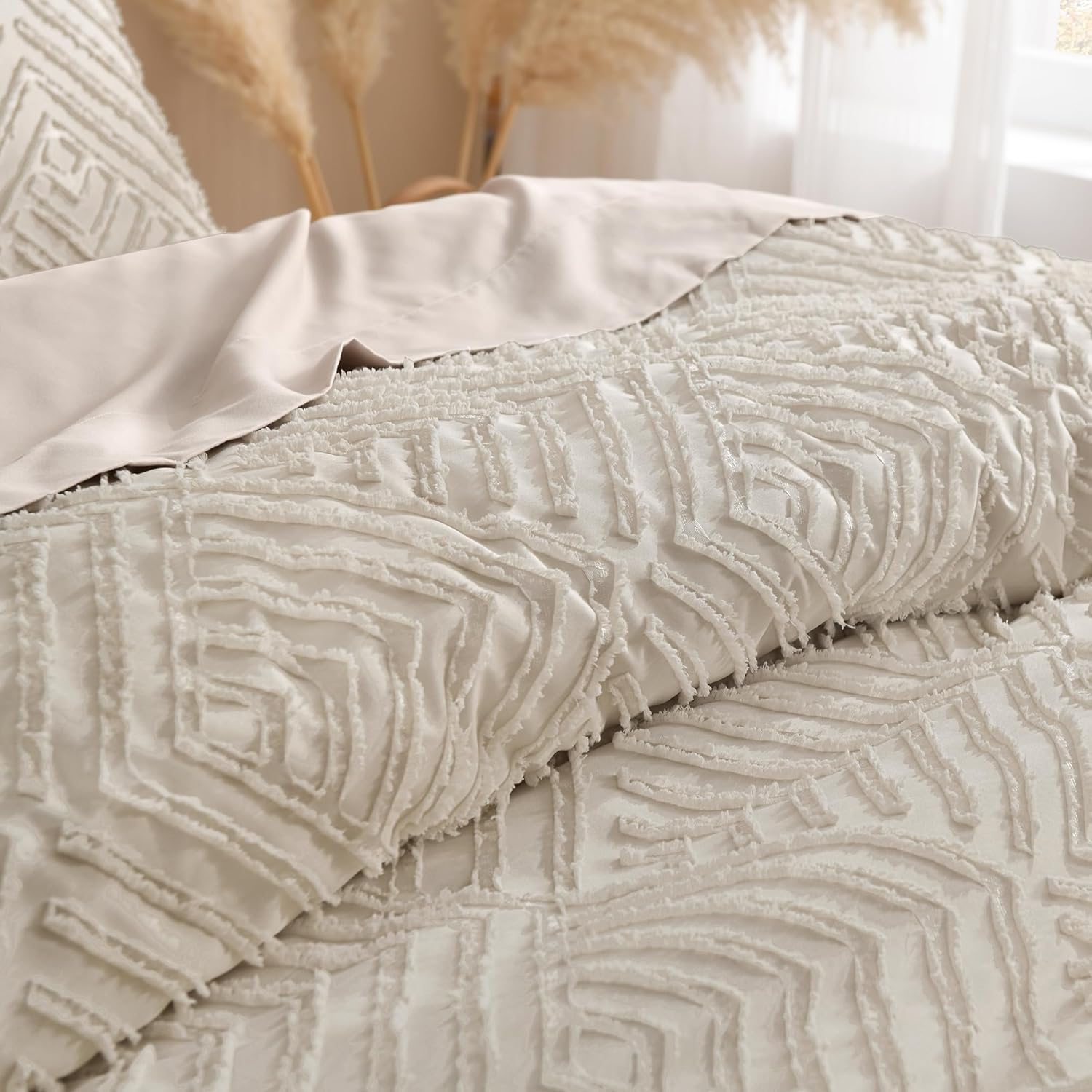 Andency Oatmeal King Size Comforter Set, 3 Pieces Boho Bedding Set & Collections, Farmhouse Tufted Fluffy Bedding Comforter Sets for All Seasons (1 Comforter 104x90In, 2 Pillowcases) - Image 5