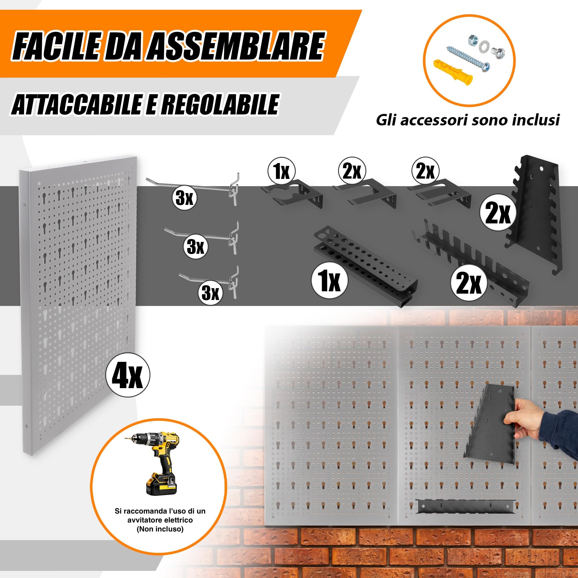 METALLMOBELL - Pannello Porta Attrezzi da Parete 160x60x2cm, 4 Pannelli Forati, Ganci e Staffe, Parete Attrezzata, Pannelli da Parete per Attrezzi da Lavoro, Pannello Forato Portautensili HPTH01G