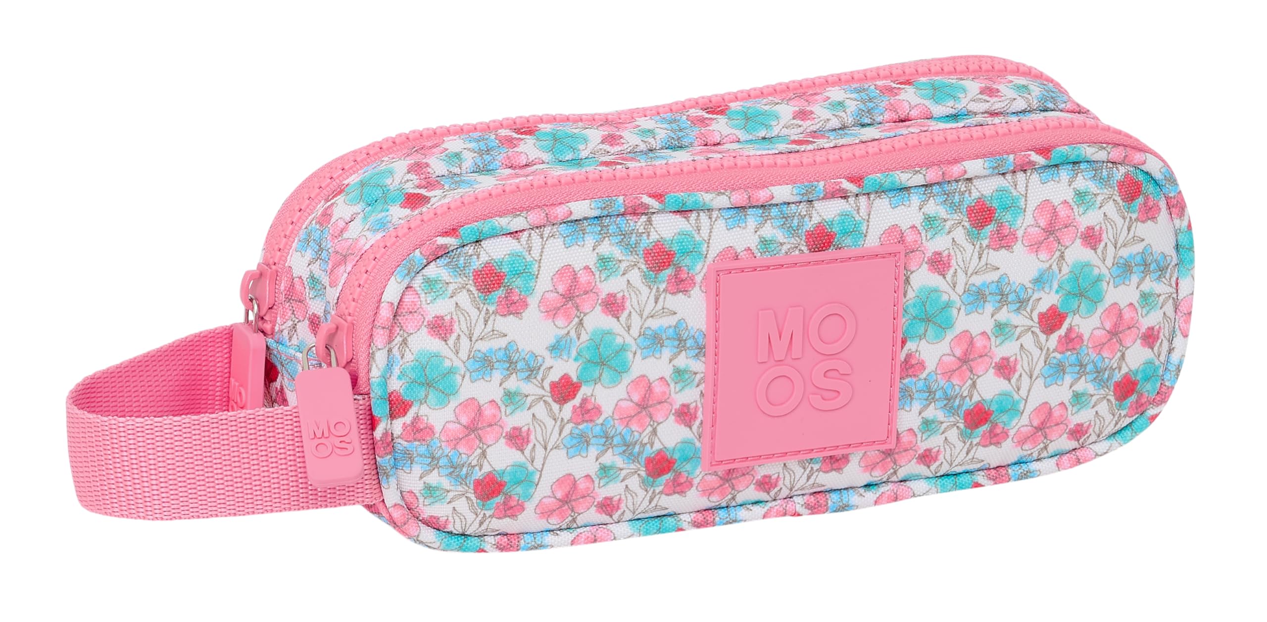 Safta MOOS Flores – Double Pencil Case, Recyclable Fabric, Children's Pencil Case, Ideal for School Age Children, Comfortable and Versatile, Quality and Resistance, 21 x 6 x 8 cm, Multi-Coloured,