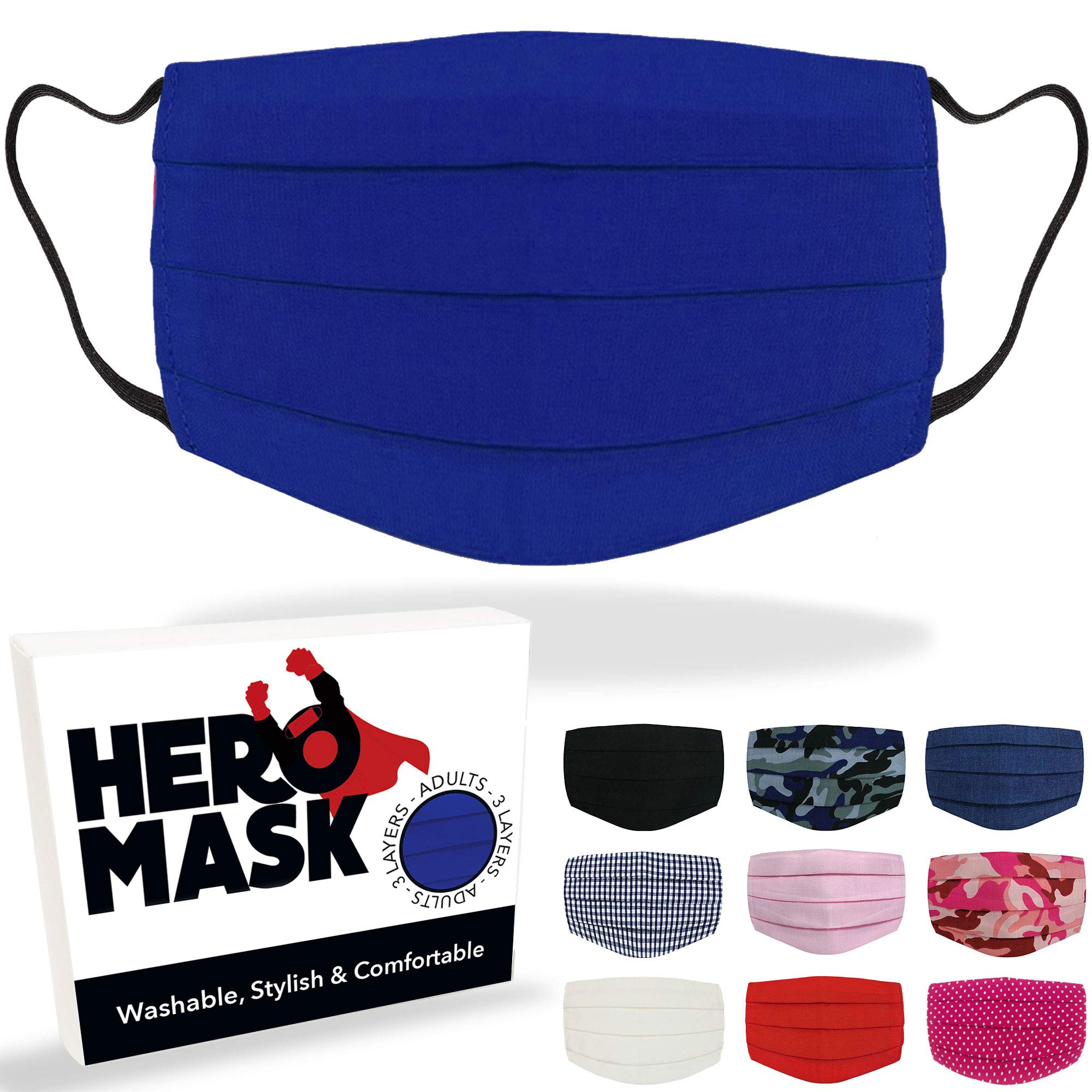 Hero Mask Blue Reusable Face Mask UK from 3 Layers of Blended Cotton | Unisex Reusable Blue Face Mask | Made in London | Wash Over 100 Times and Keeps The Same