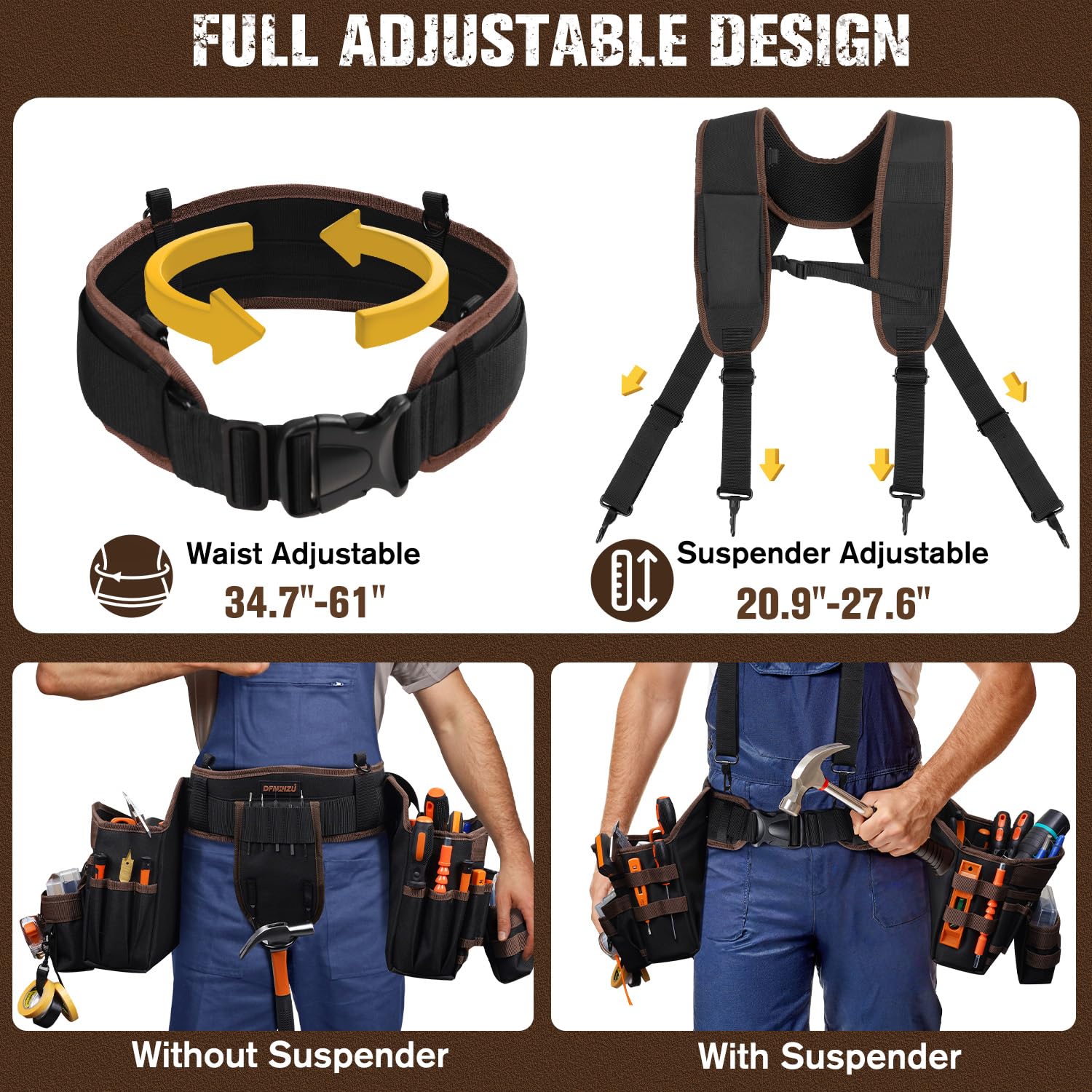 Cintura porta attrezzi da uomo, 36 tasche, cintura per attrezzi con bretelle, bretelle resistenti con tasche rimovibili e regolabili, per elettricisti, falegnami, edilizia, carpentieri (88,9 - 154,9