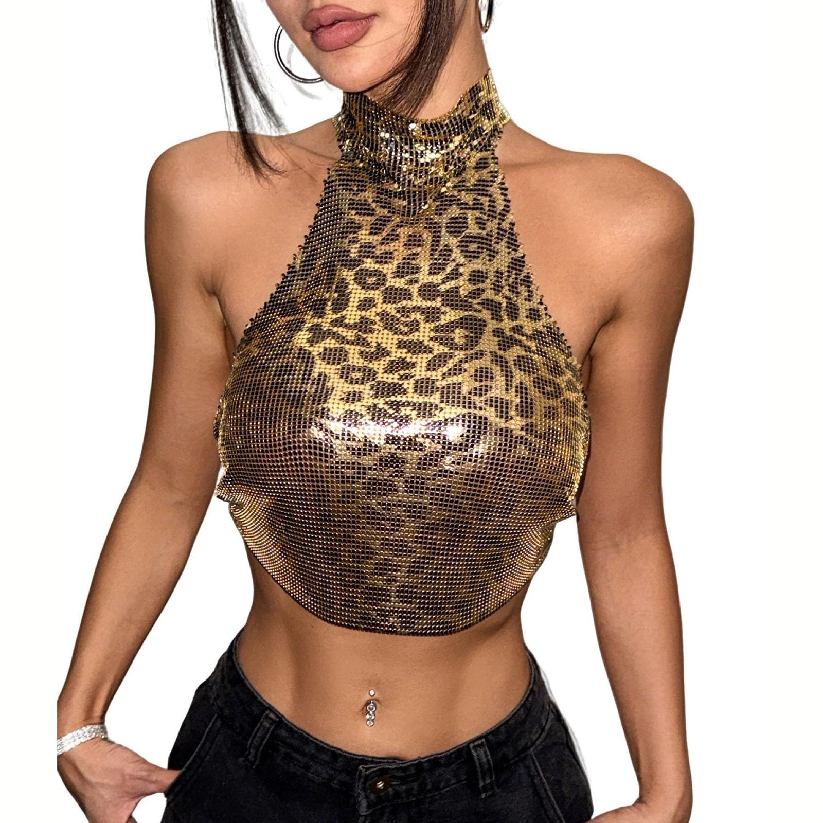 Top Corto Da Donna Con Stampa Leopardata E Paillettes Stile Y2k Sexy Senza Schienale Senza Maniche Ideale Per Feste Estive Rave E Club