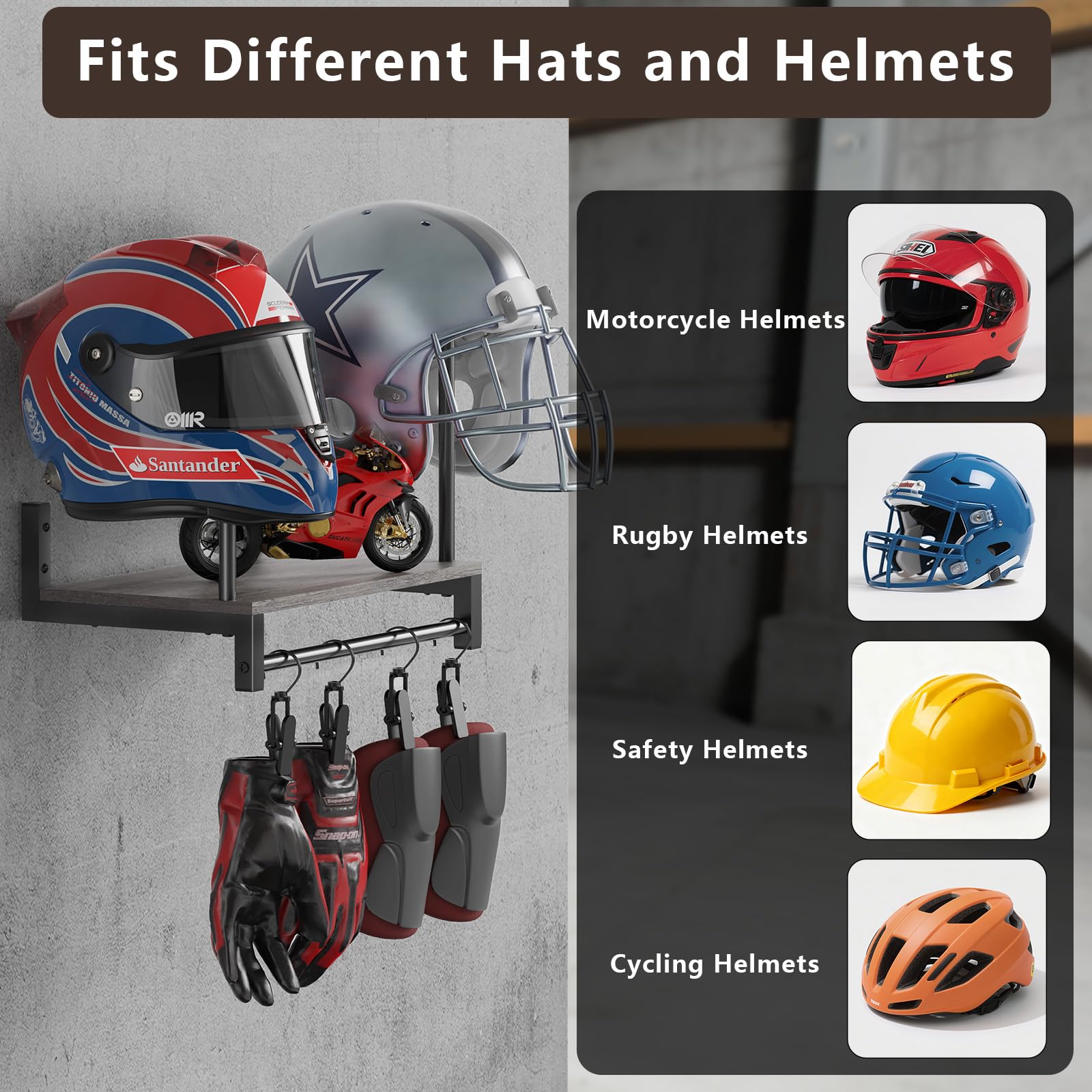 THYGIFTREE Uchwyt na 2 kaski, stojak na kaski, montowany na ścianie, stojak na kask motocyklowy, stojak na kask z 4 wiszącymi klipsami, wszechstronne akcesoria motocyklowe, do przechowywania motocykla