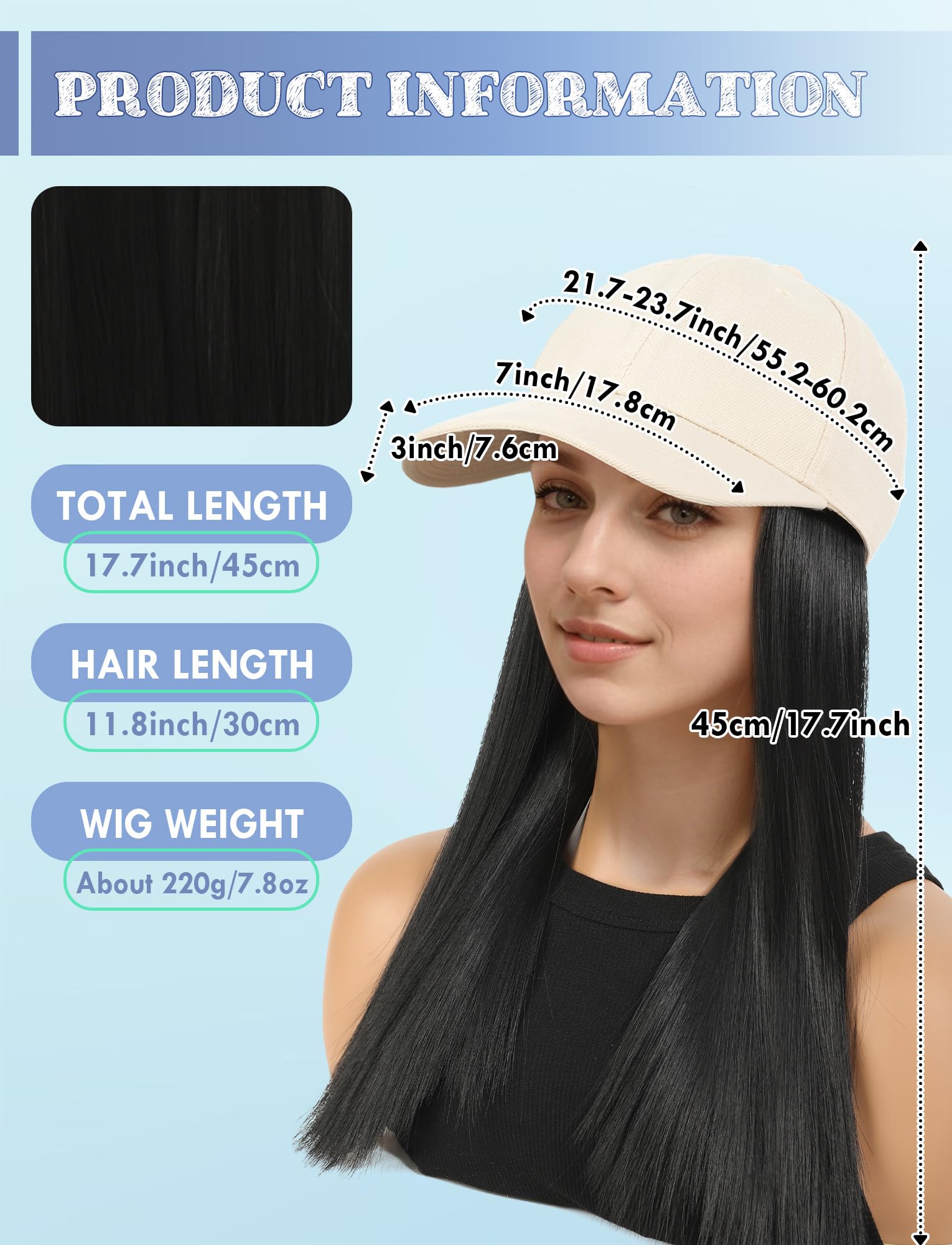 Women Baseball Cap Wig Long Straight Extension Hats Attached Adjusted Hairstyle for Ladies Girls