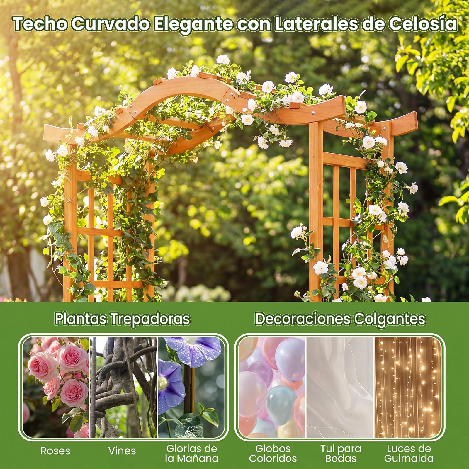 COSTWAY 210 cm Jardinera con Celosia, Pérgola de Jardín con Puerta y 2 Jardineras, Arco Jardin Exterior de Madera con Orificios de Drenaje, Enrejado para Plantas Trepadoras, Rosas y Enredaderas