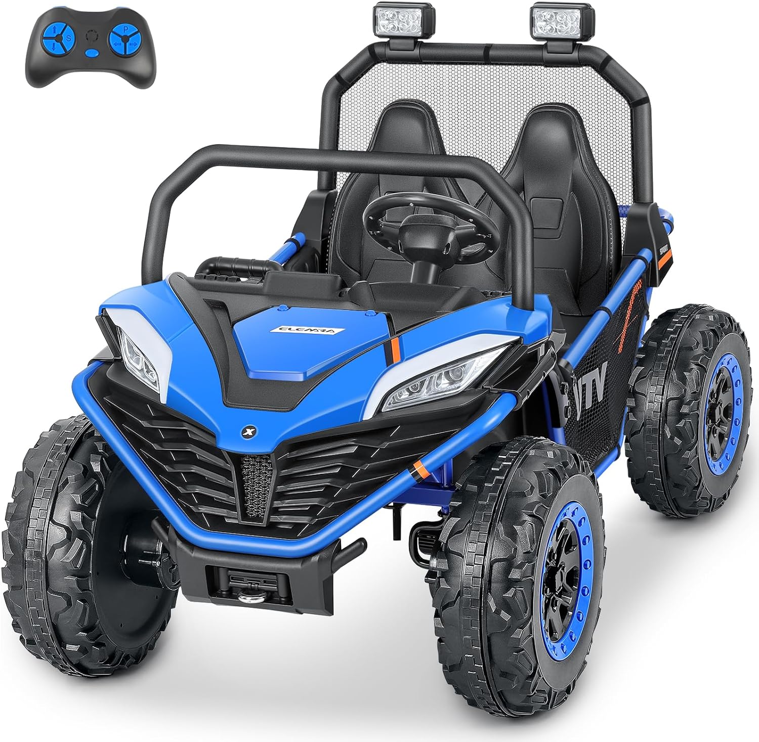 ELEMARA 24V 2 Seater Ride on Toys for Big Kids with Remote,10AH Battery Operated Electric Car, 4WD 4.5mph Side by Side Vehicle Kids with Bluetooth,LED,3 Speeds,Soft Star,Spring Suspension for 3-8,Blue