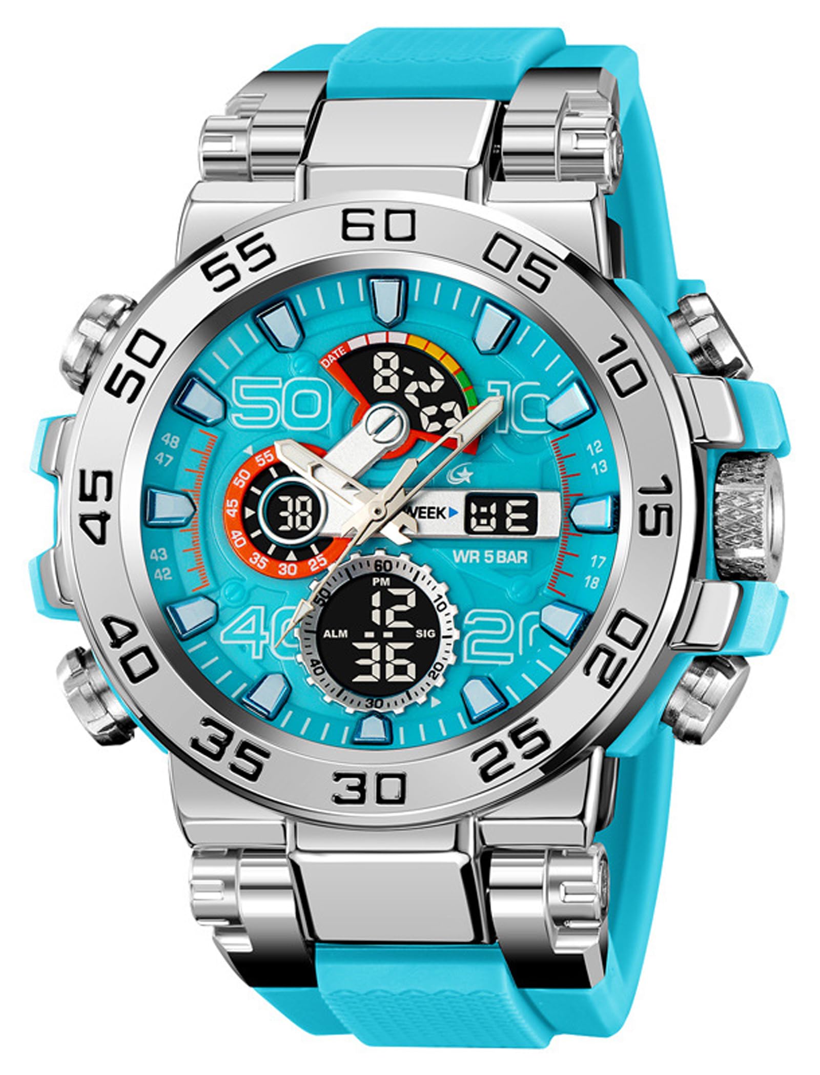 findtime Reloj deportivo militar para hombre, resistente al agua, digital, analógico, táctico, para exteriores, esfera grande, reloj de pulsera de doble hora, LED, luminoso, alarma, cronómetro