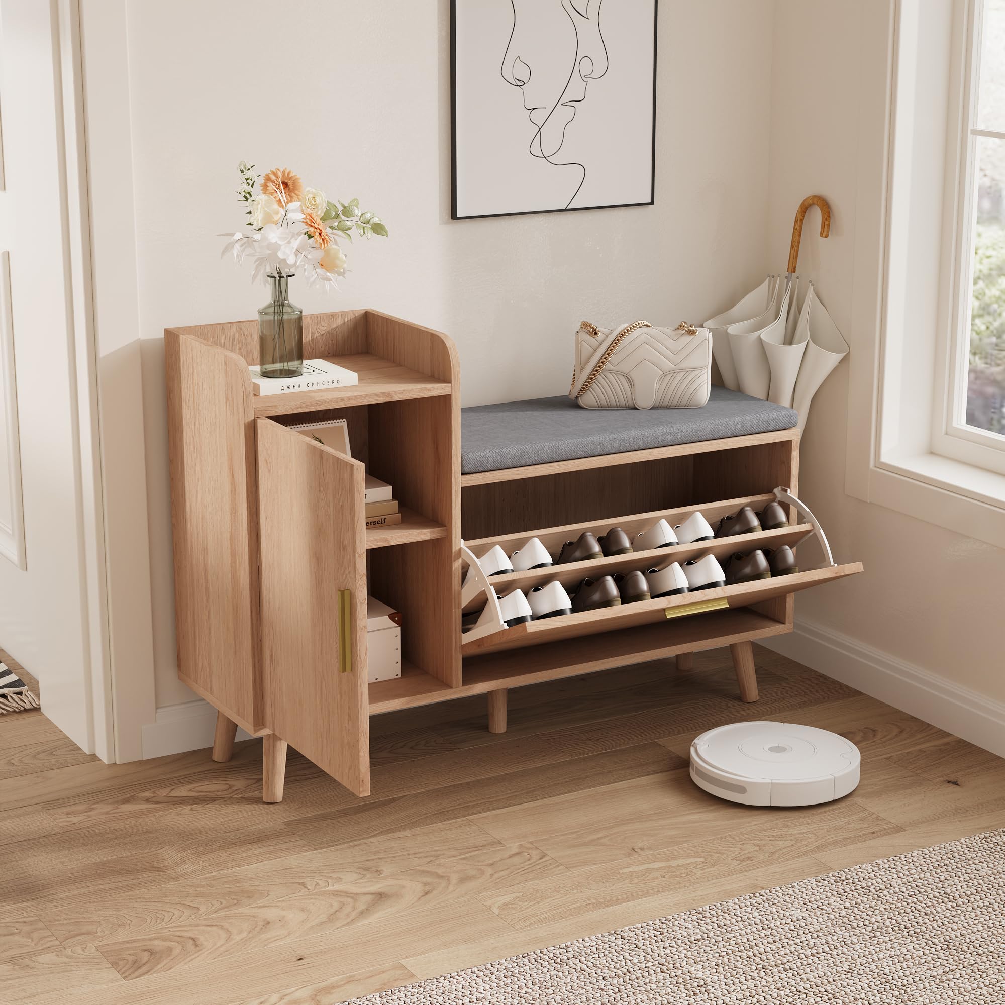 FEEOHOME Meuble Chaussure Rangement Banc avec Tabouret, Meuble d'entrée Bois Espace de Rangement Tiroirs, Banc Rembourré Entrée, Salon, Couloir, 100x30x69cm FEEOHOME Meuble Chaussure Rangement Banc avec Tabouret, Meuble d'entrée Bois Espace de Rangement Tiroirs, Banc Rembourré Entrée, Salon, Couloir, 100x30x69cm