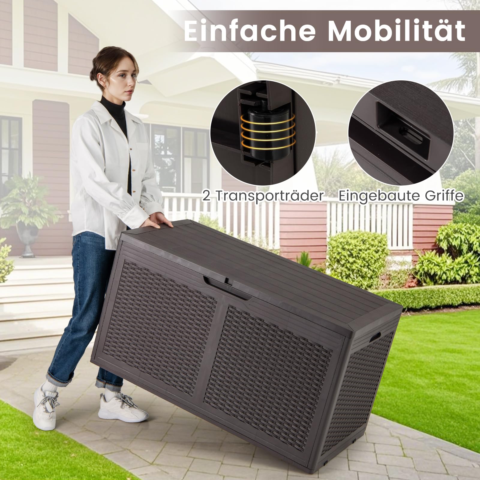 COSTWAY 380 L Gartenbox mit Rollen, Auflagenbox wasserdicht inkl. Deckel, Aufbewahrungsbox Gartentruhe mit Rattanstruktur für Poolzubehör, Gartengeräte & Balkon (Braun)