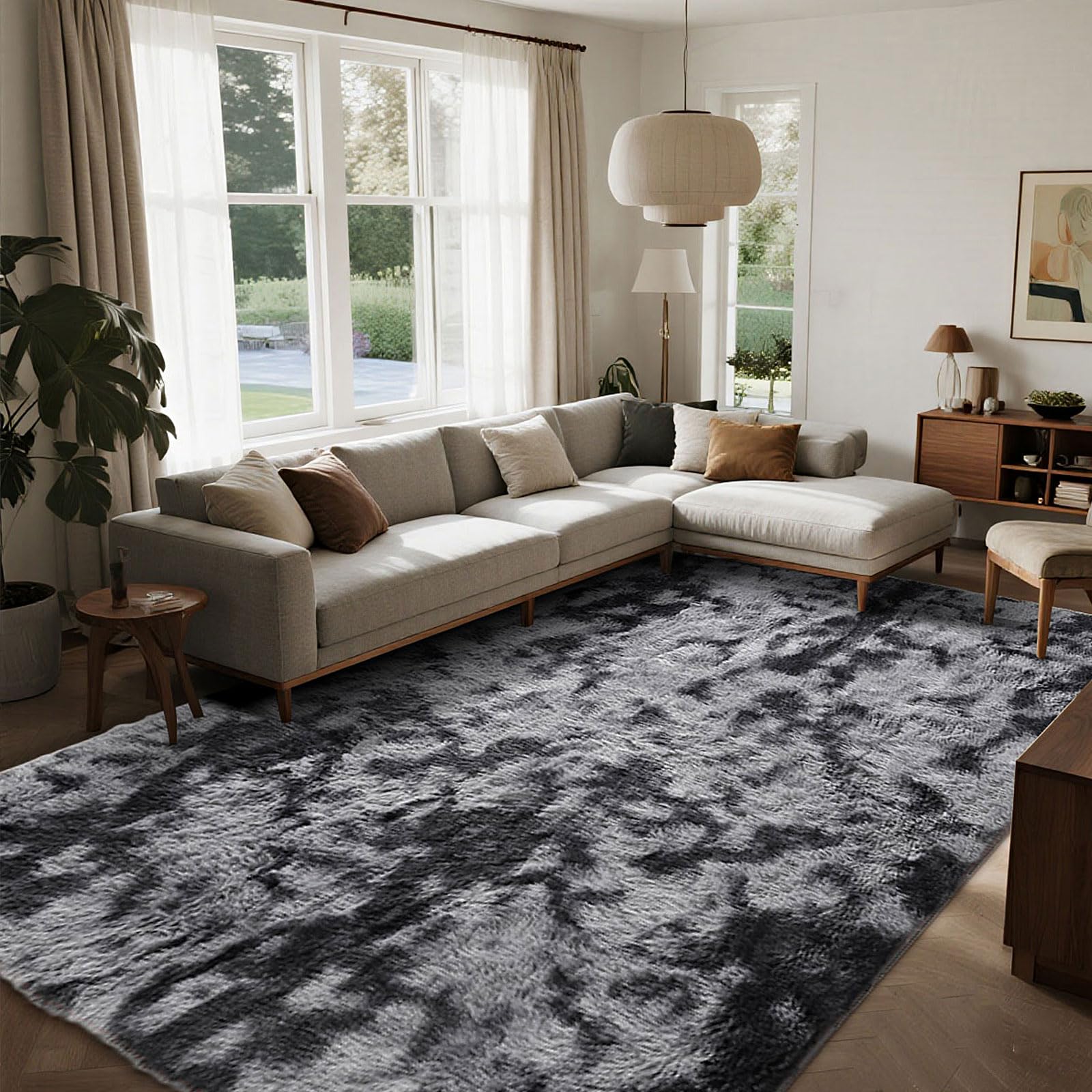 ASIinnsy Area Rugs Soft Fluffy Shaggy Rugs Living Room Grey Large Modern Plush Rug High Pile Non-Slip Bedroom Carpet Floor Mat Nursery Bedside Rug (Black Grey, 160 x 200 cm) — image 1