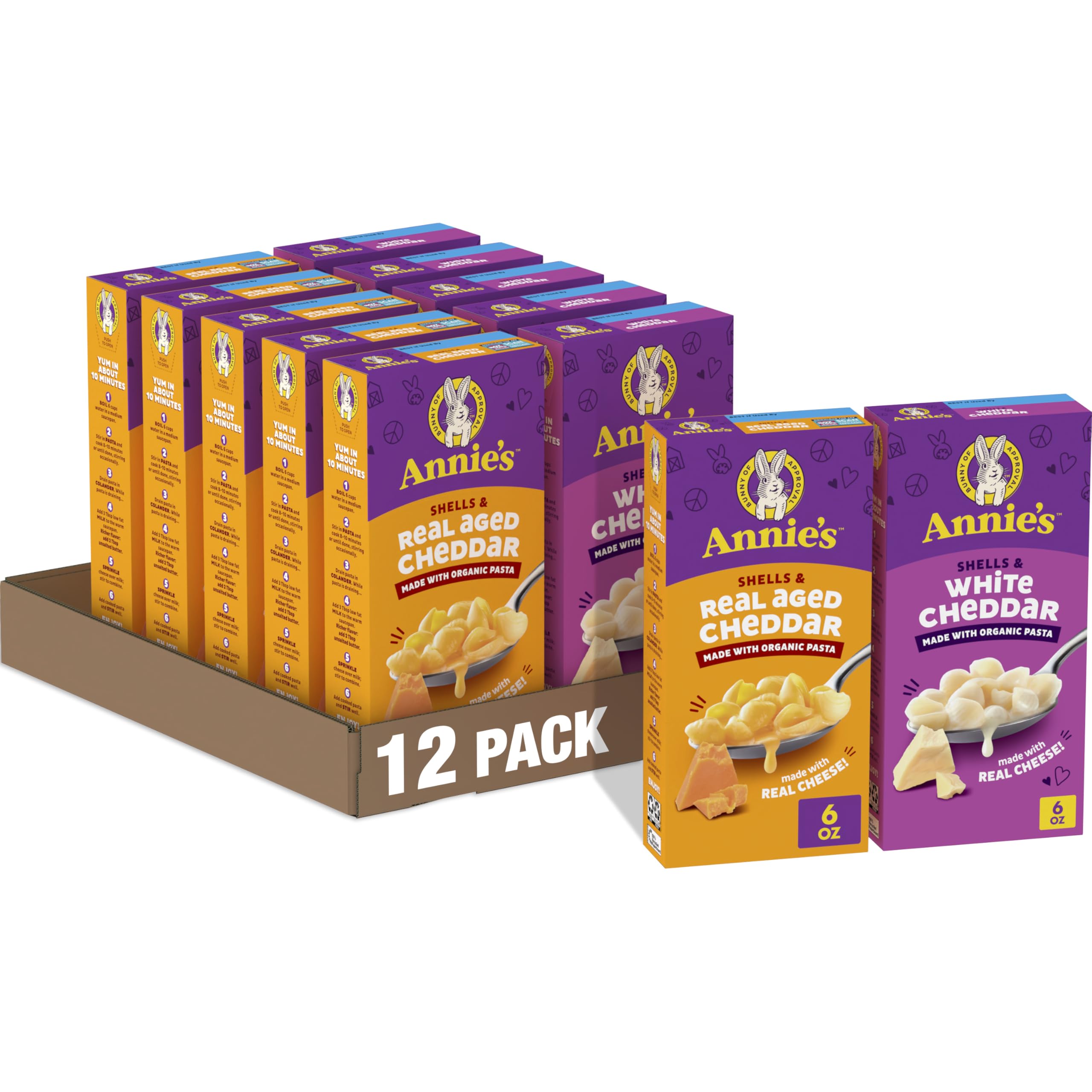 Annie's Homegrown Macaroni and Cheese, Shells & Aged Cheddar, White Cheddar Macaroni and Cheese Natural, 12 Count