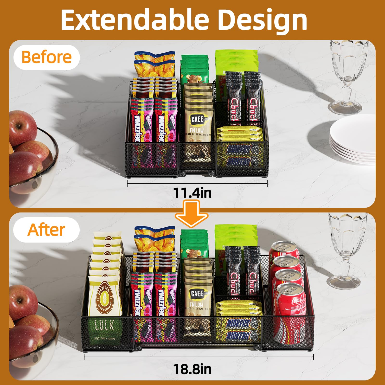 Organizador de aperitivos expandible, contenedor de aperitivos ajustable con 9 compartimentos, encimera de cocina y bandeja de almacenamiento de despensa para bolsas de té, cápsulas de