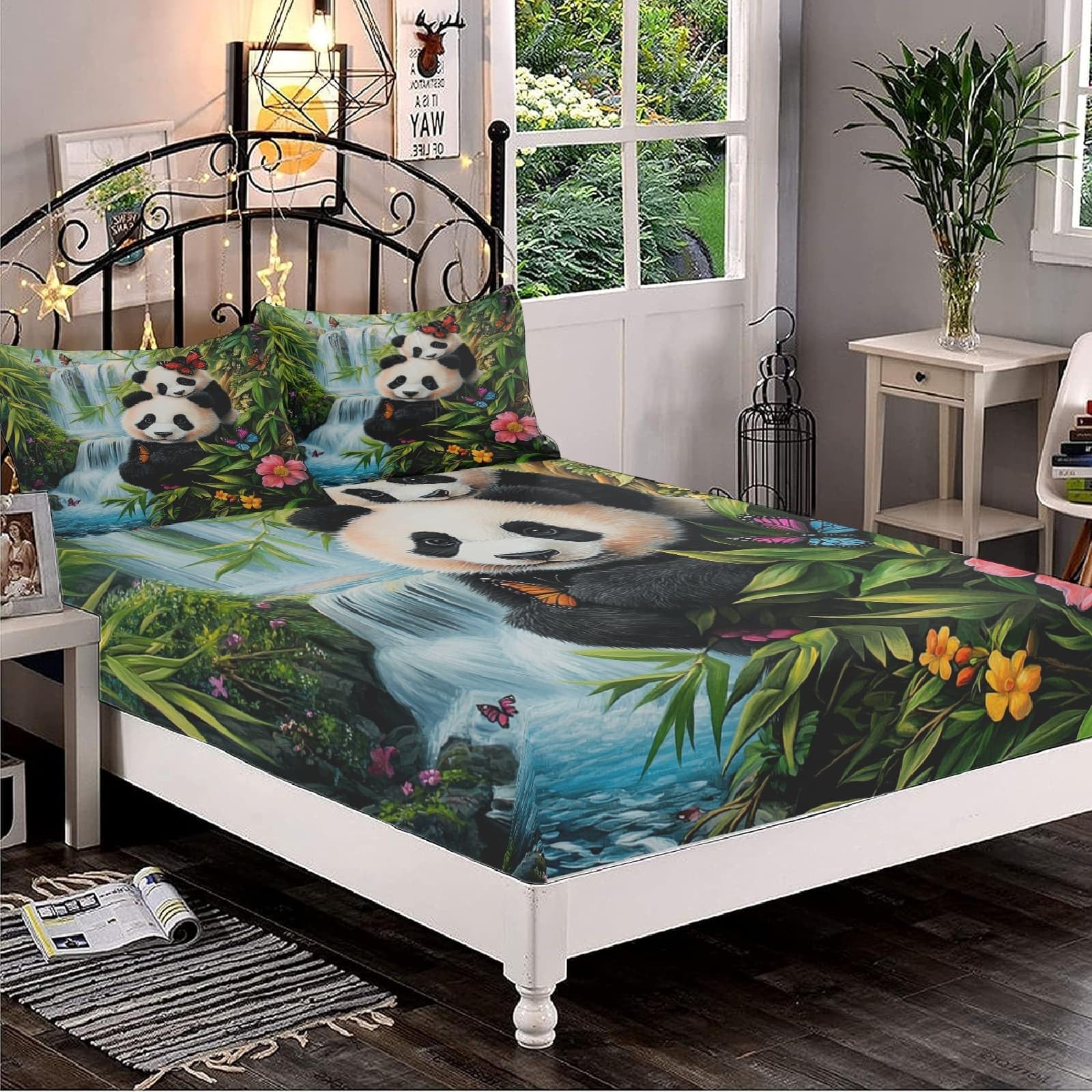 Drap Housse 200x200 cm Grand Bonnet 30 cm - Panda Mignon Linge de Lit 2 Personnes Doux et Confortable en Microfibre - Lot de 3 Draps Housses Cascade de Plantes Vertes avec 2 Taie d'oreiller