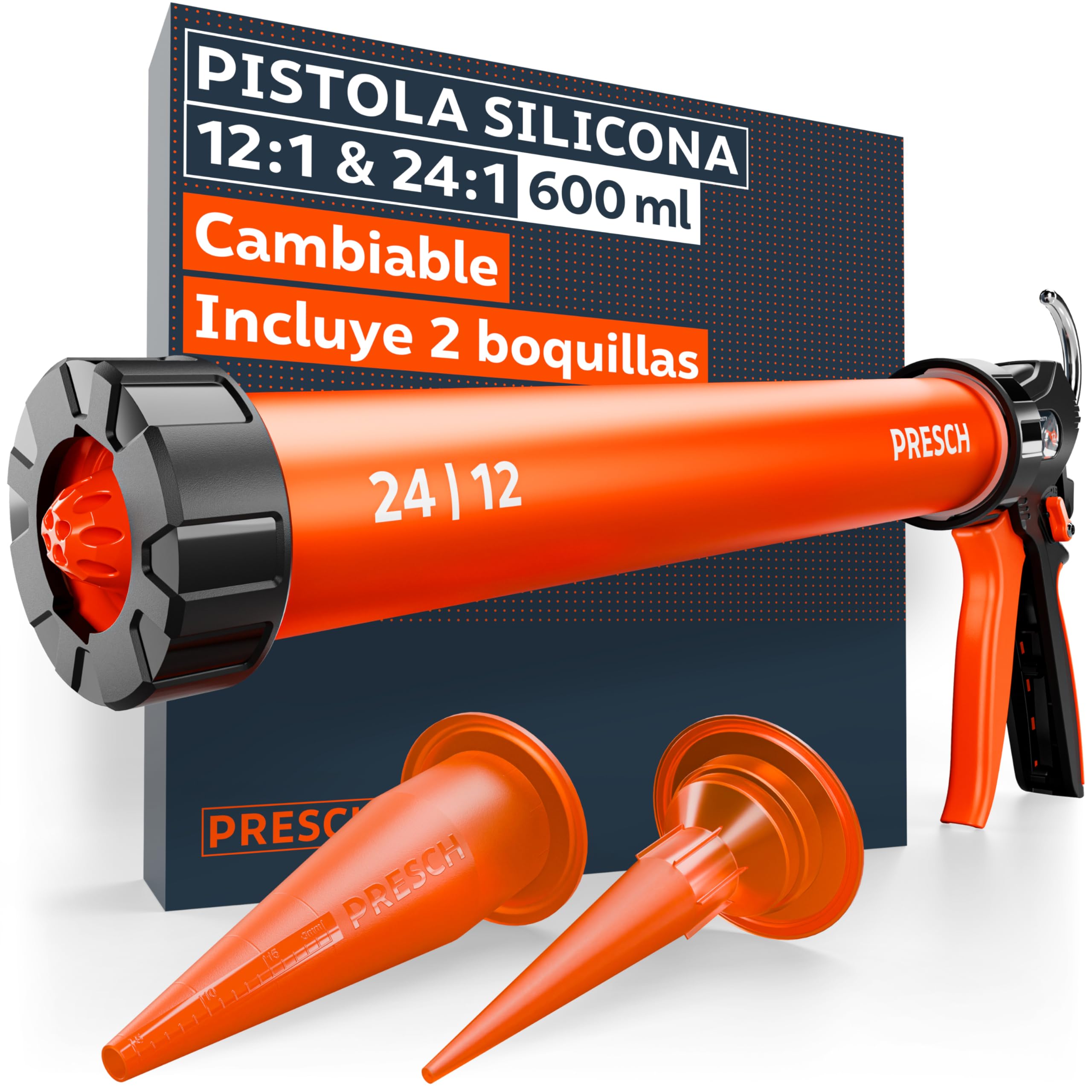 Presch Pistola Silicona 600 ml incl. 2 boquillas – pistola salchicha 24:1 & 12:1 para selladores y adhesivos (acrílico, silicona, PU) – Giratorio 360° con empuñadura antideslizante