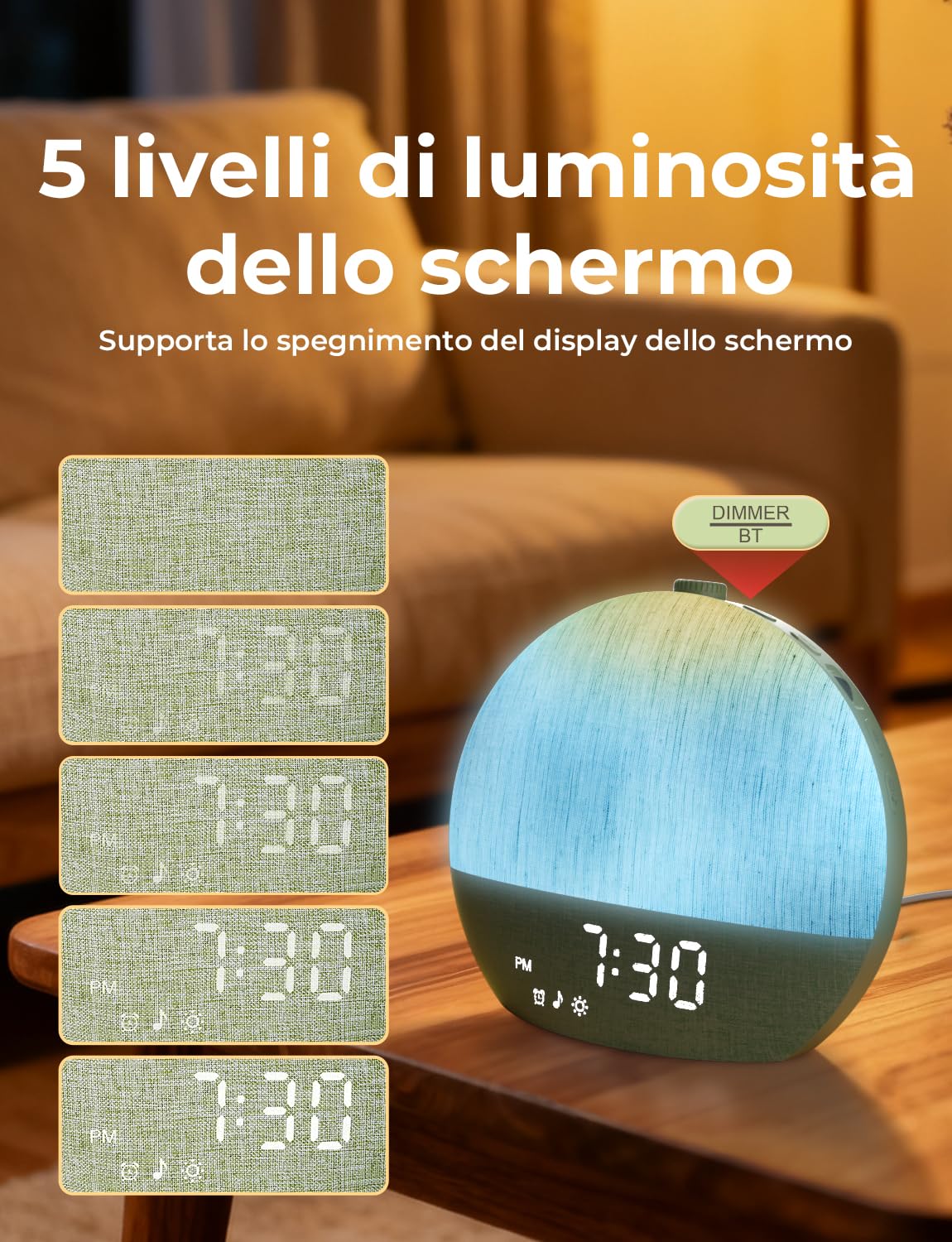 LIORQUE Sveglia Luminosa con Simulazione Alba, Sveglia da Comodino | Bluetooth, Rumore Bianco, 30 Suoni Rilassanti, Timer Spegnimento, Design Senza Schermo, Luce Notturna Regolabile