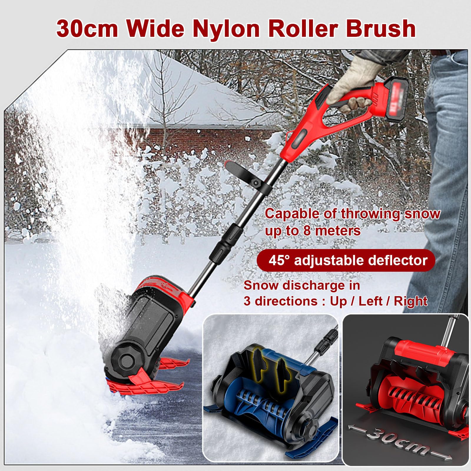 Spazzaneve Elettrico A Batteria, Pala Da Neve Senza Spazzole, Larghezza Di Pulizia Fino A 30cm,Spazzaneve Con Regolazione In 3 Direzioni,Per Proprietà, Fabbrica/Cortile Blue-2batteries