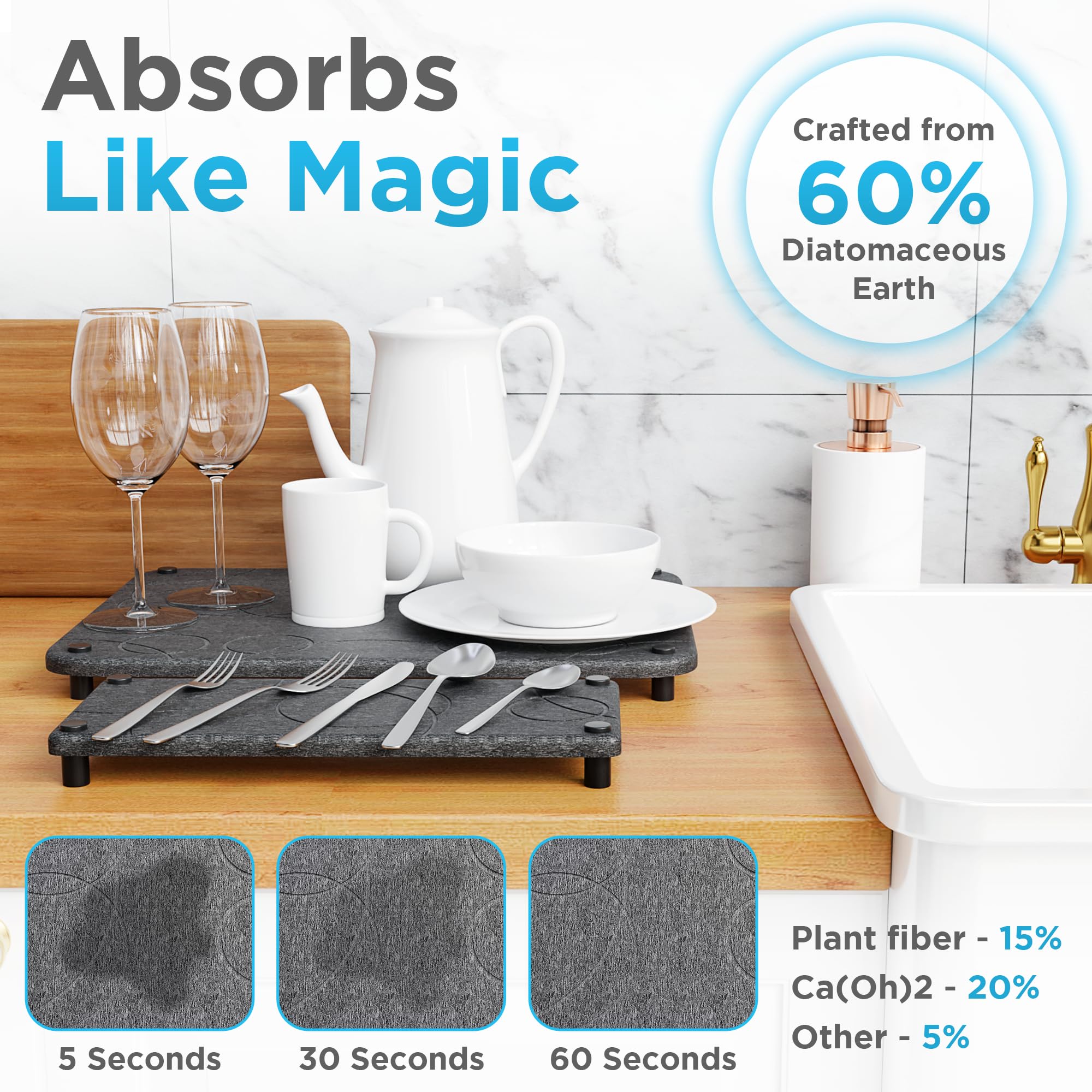 HomeWin 2Pack Fast Absorbent Stone Drying Mat for Kitchen Counter - Small Large Diatomaceous Earth Dish Drying Mat with Sandpaper, Nonslip Pad - Easy to Assemble Diatomite Quick Dry Pad Stone for Sink