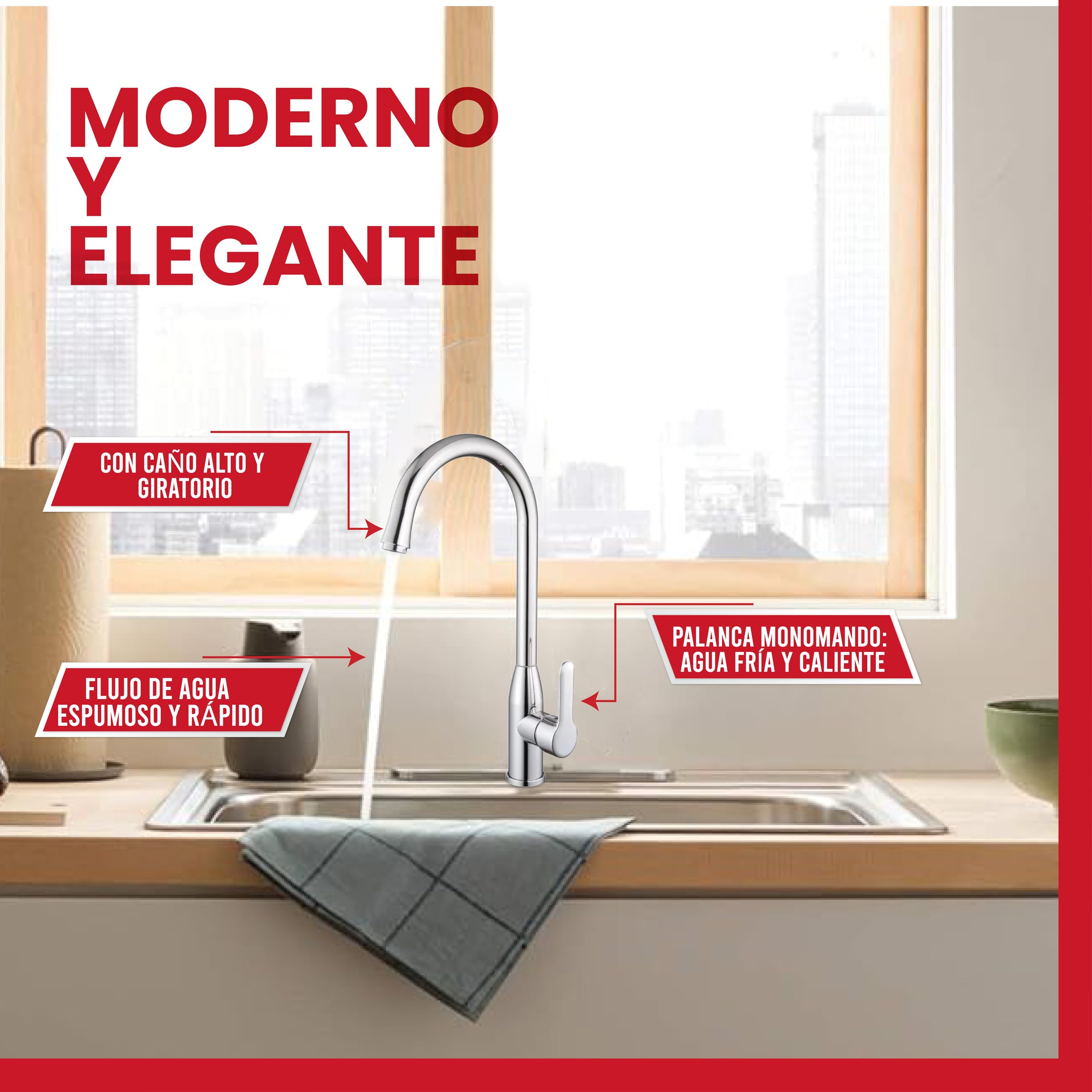 GOLDMAN SERVICE | Grifo de Fregadero Monomando Caño Alto Giratorio 360° Grifo Cocina Modernos de Acero Inoxidable, Grifo de Cocina con Sistema Economy Water, Grifos Cocina Fregadero Elegantes