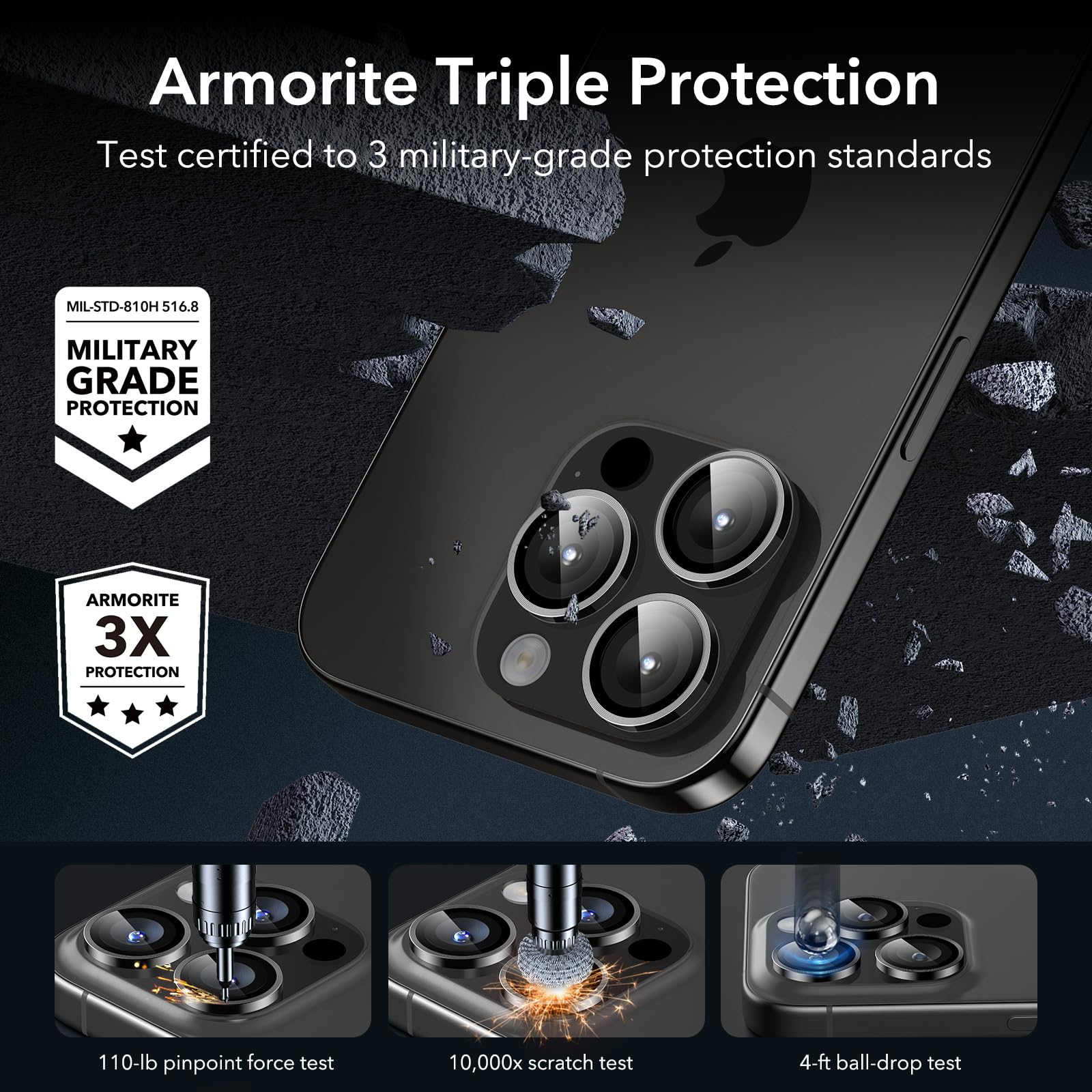 ESR Ochrona aparatu iPhone 15 Pro Max/15 Pro/14 Pro Max/14 Pro, Armorite pojedyncze folie ochronne na soczewki, odporne na zarysowania, ultracienkie szkło hartowane z aluminiową krawędzią, seria