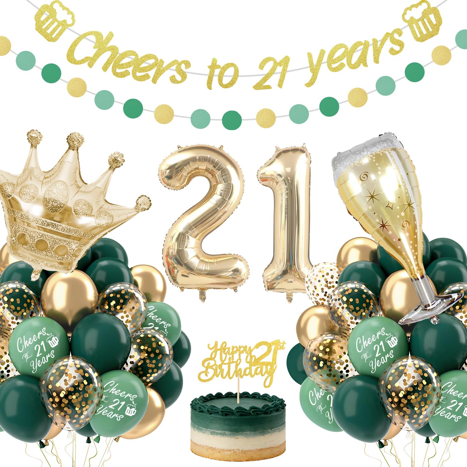 21st Birthday Decorations for Boys Girls, Green Gold 21st Birthday Balloons Decorations for Him/Her with Champagne & Crown Foil Balloons, Perfect for 21 Years Old Birthday Party, Cheers to 21 Years — image 1
