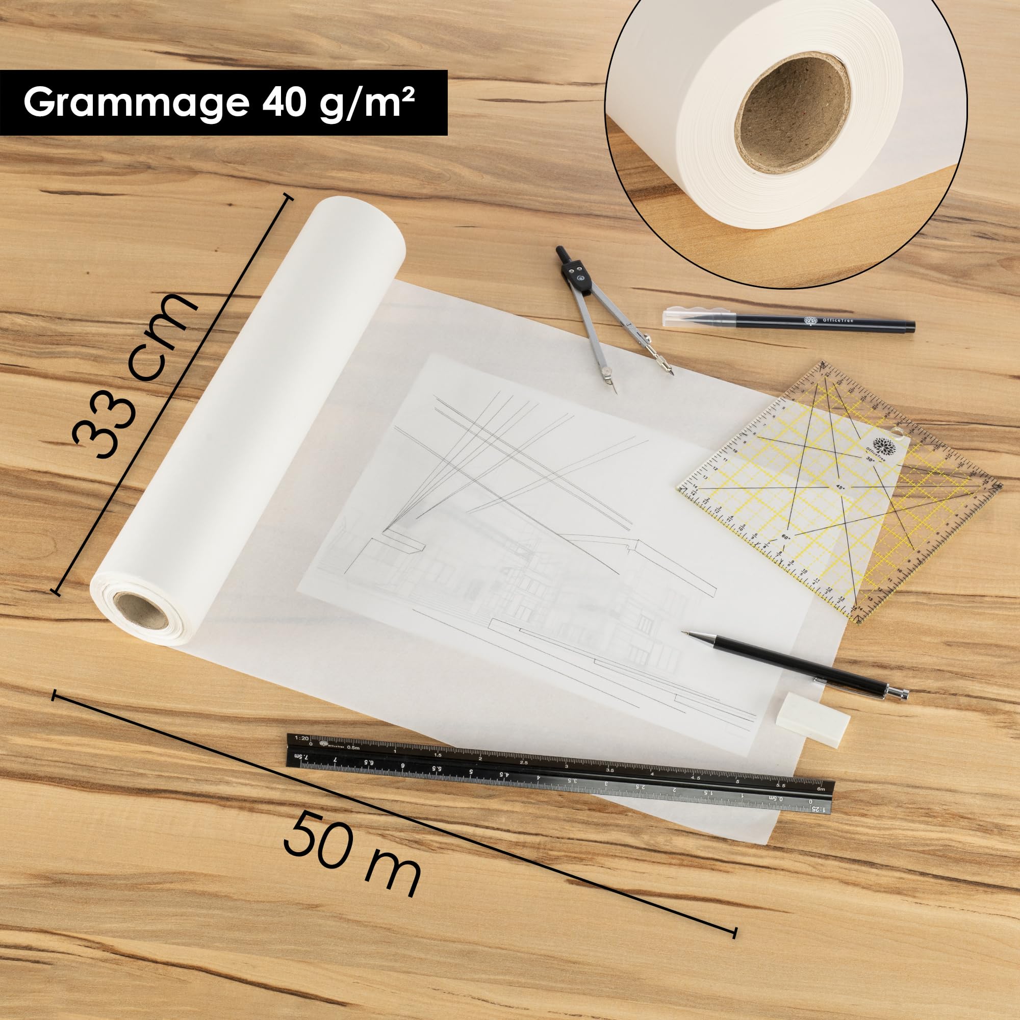 Rouleau De Papier Dessin 50m X 33cm - 40g/m² - Pour Patrons Couture, Calque, Peinture