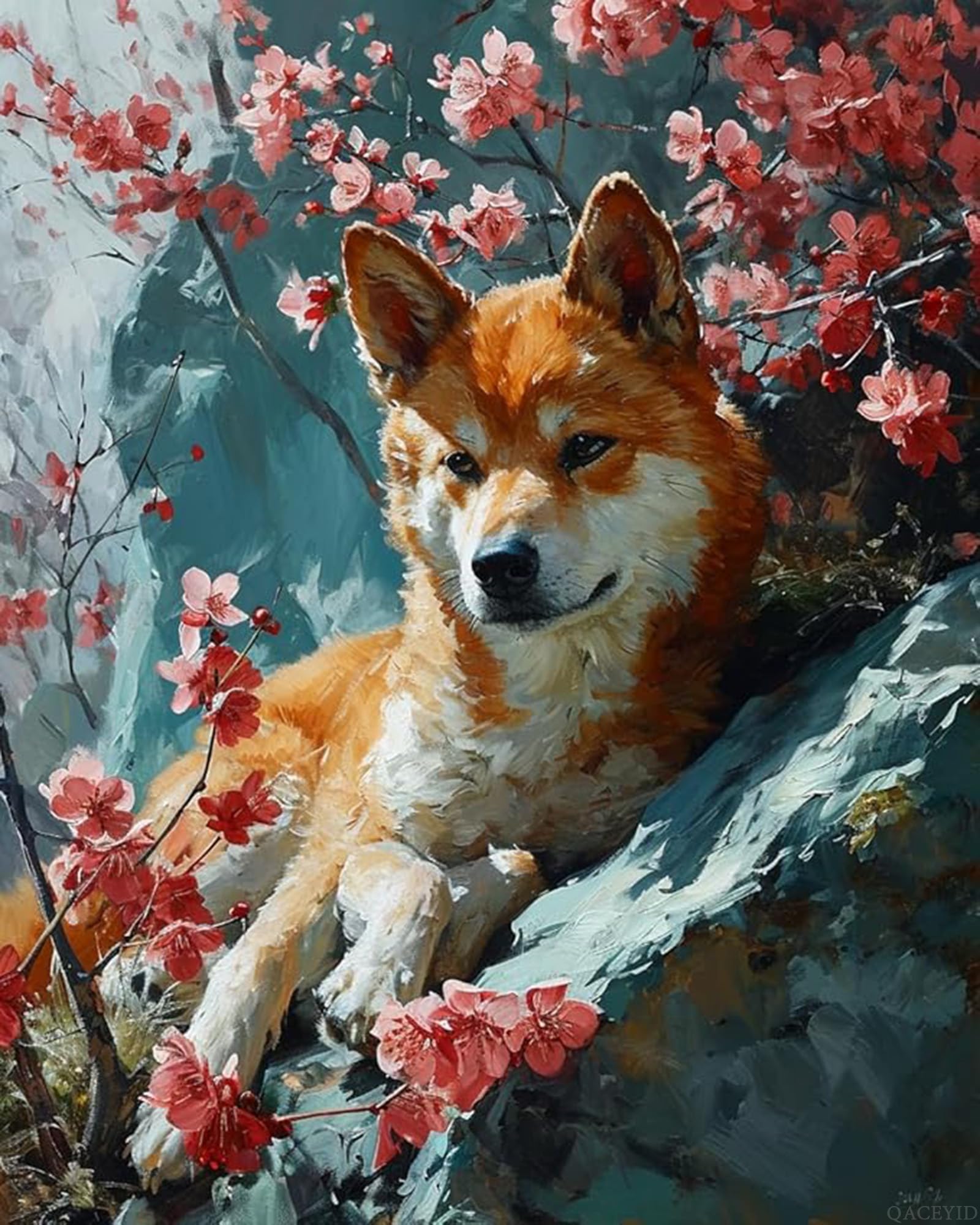 QACEYID DIY Paint by Numbers for Adults Beginner, Shiba Zen Blossom Bliss, Paint by Numbers Kit Dog Painting by Numbers for Adults, 16" x 20"