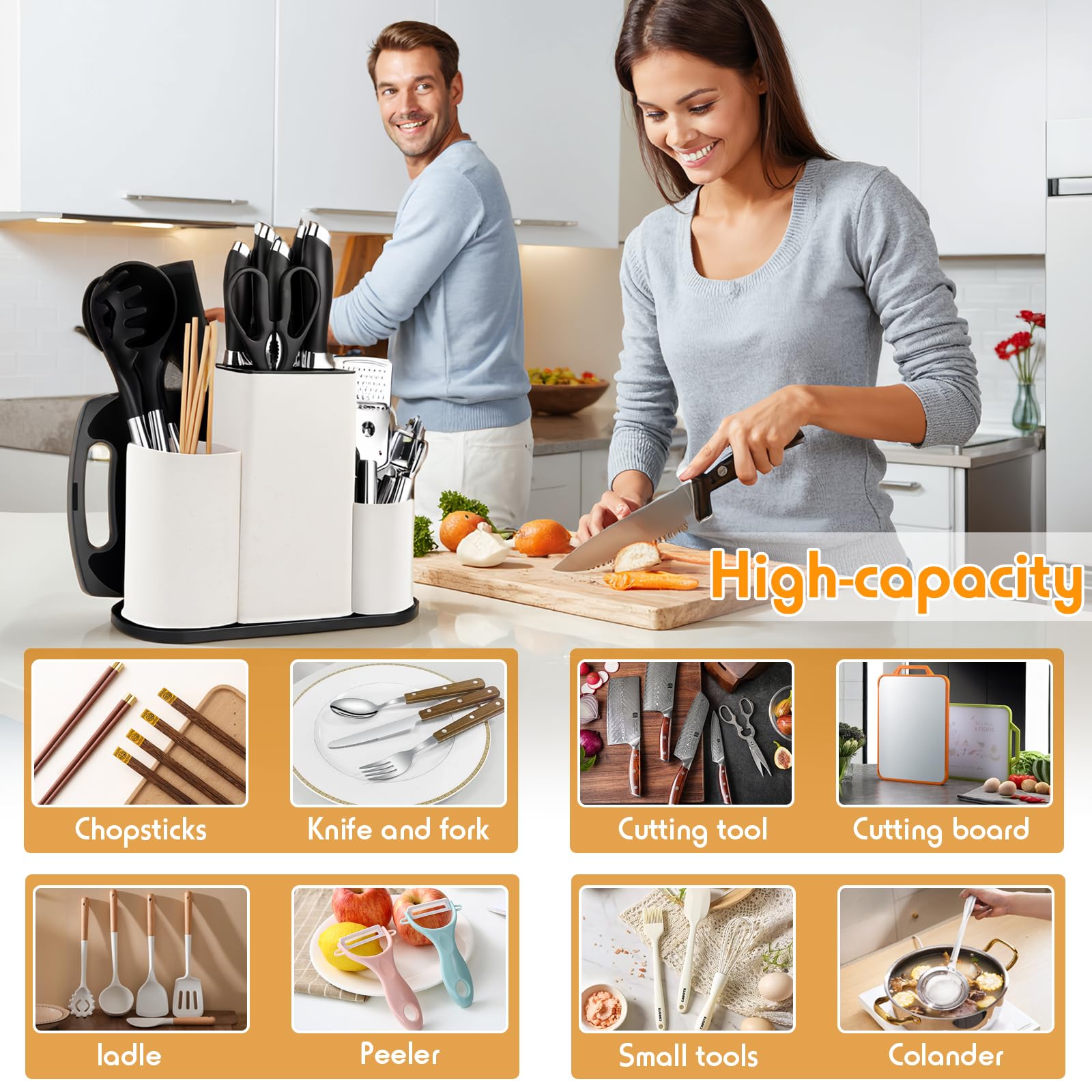 4 in 1 Ceppo Coltelli Vuoto Universale, Ceppi Portacoltelli Vuoti Quadrato, Ceppo Portacoltelli da Cucina con Fessura per Posate, Blocco Porta Coltelli, Supporto Coltello Senza Coltello (Bianco)