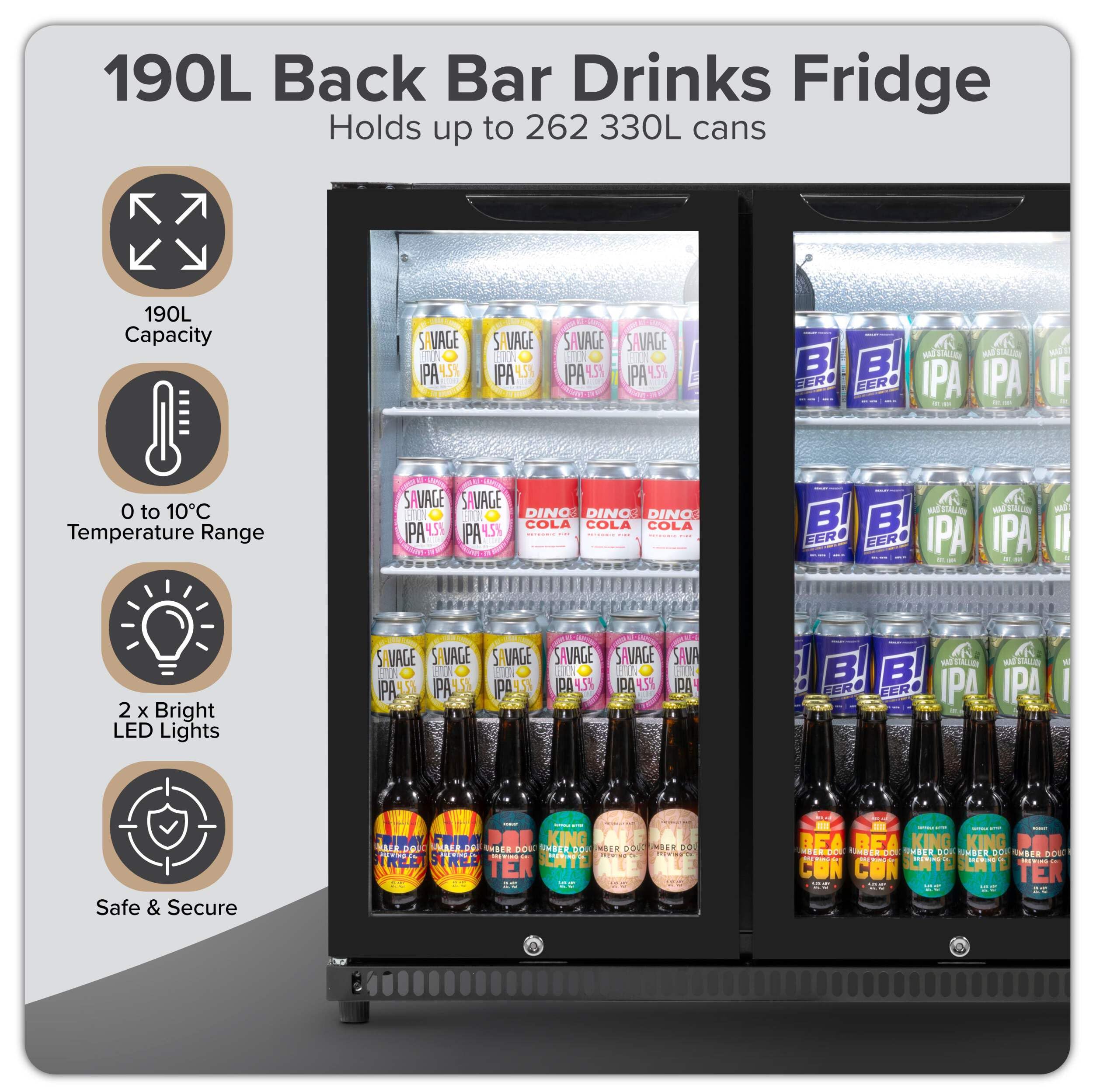 Baridi Back Bar Drinks Fridge with Hinged Double Door, 190L Capacity - DH272 — view 3