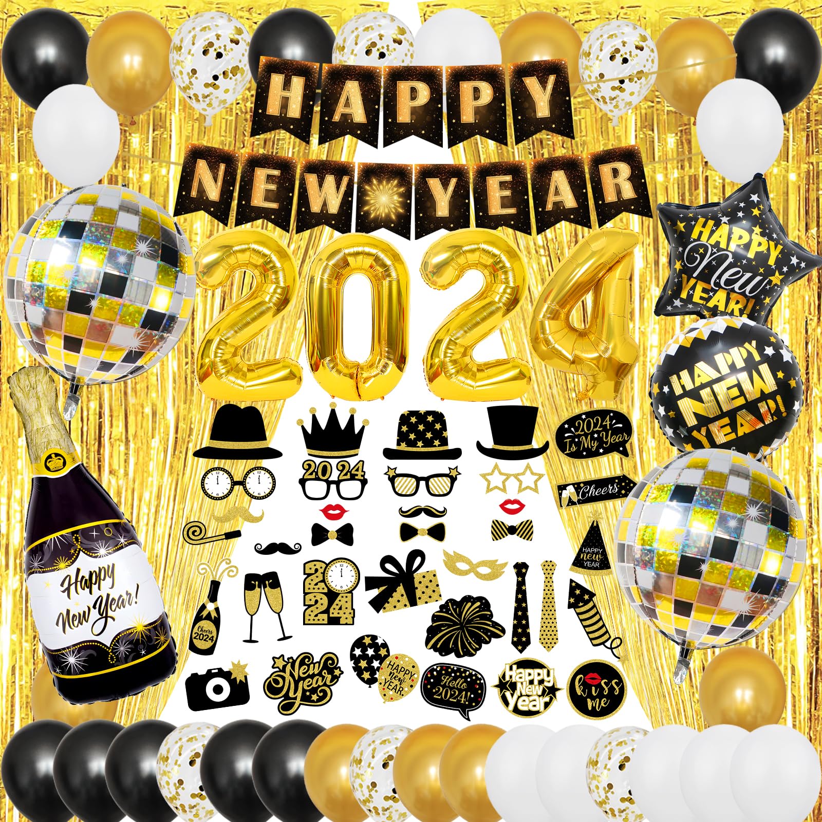 Huge New Years Eve Party Supplies 2025, Pack of 74, 4D Disco Ball Balloons, Happy New Year Banner for Happy New Year Decorations 2025, New Years 2025 Balloons, Fringe Curtain for NYE Decorations 2025