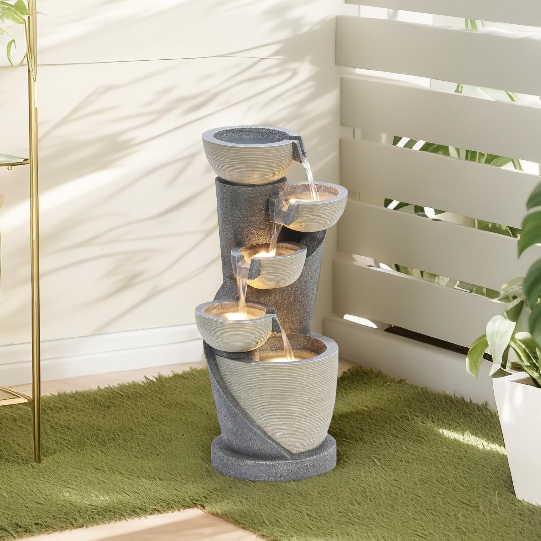 LuxenHome 22" Small Water Fountain Outdoor, Modern Resin Cascading Waterfall Fountains, Garden Fountain with Lights Garden Decor, Outdoor Water