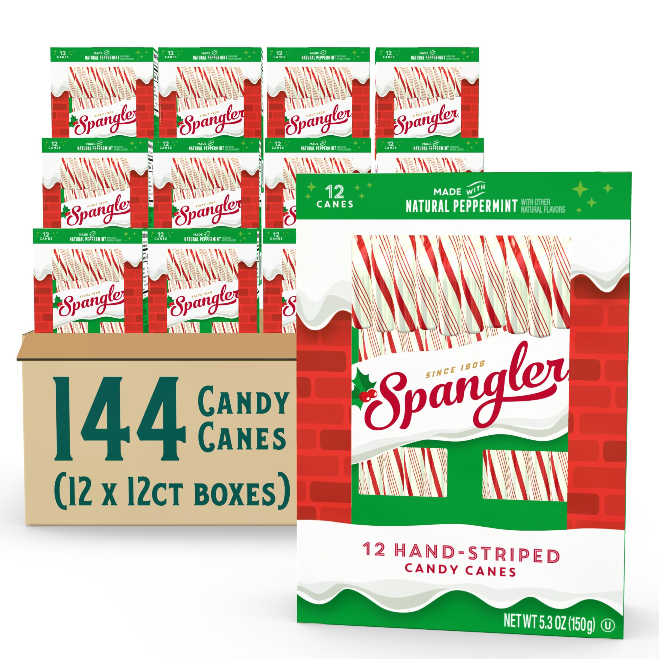 Spangler Red and White Christmas Candy Canes - Classic Christmas Treats, Natural Peppermint Sticks, Candy Canes Bulk, Individually Wrapped, Regular Size - 144 Count (12x12 Ct. Boxes)