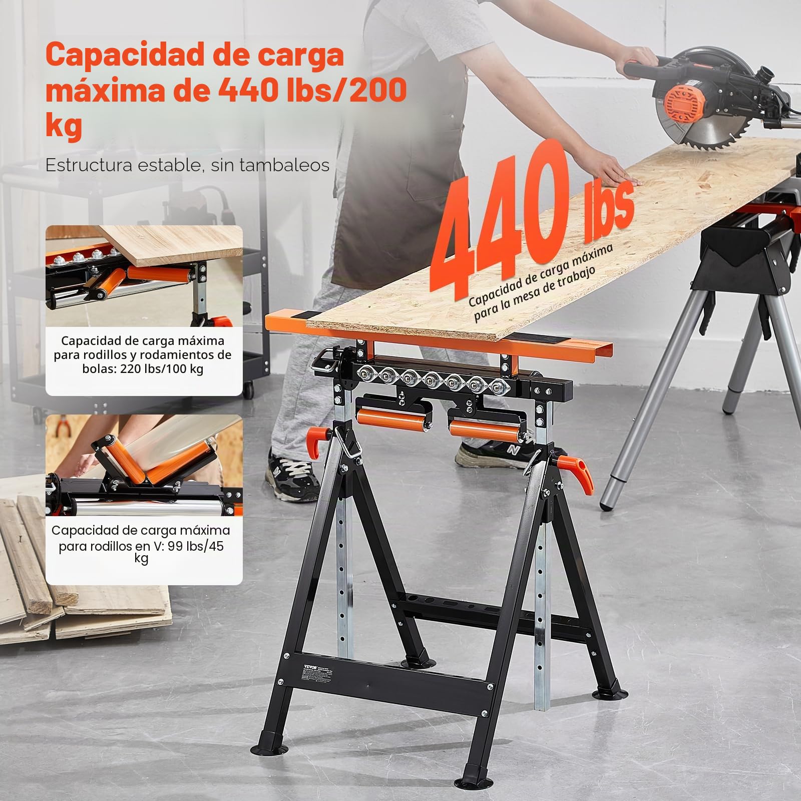 VEVOR Soporte de rodillos 4 en 1 de 200 kg, soporte de rodillo ajustable de 84–127 cm, soporte de trabajo con guía de dientes y rueda multidireccional pulida, para salida de sierra de mesa, soporte de