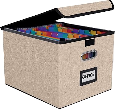 File Organizer Box with 25-Pocket Accordion Folder, File Folder & Protective Lid - Document Storage for Home, Office, School, Khaki