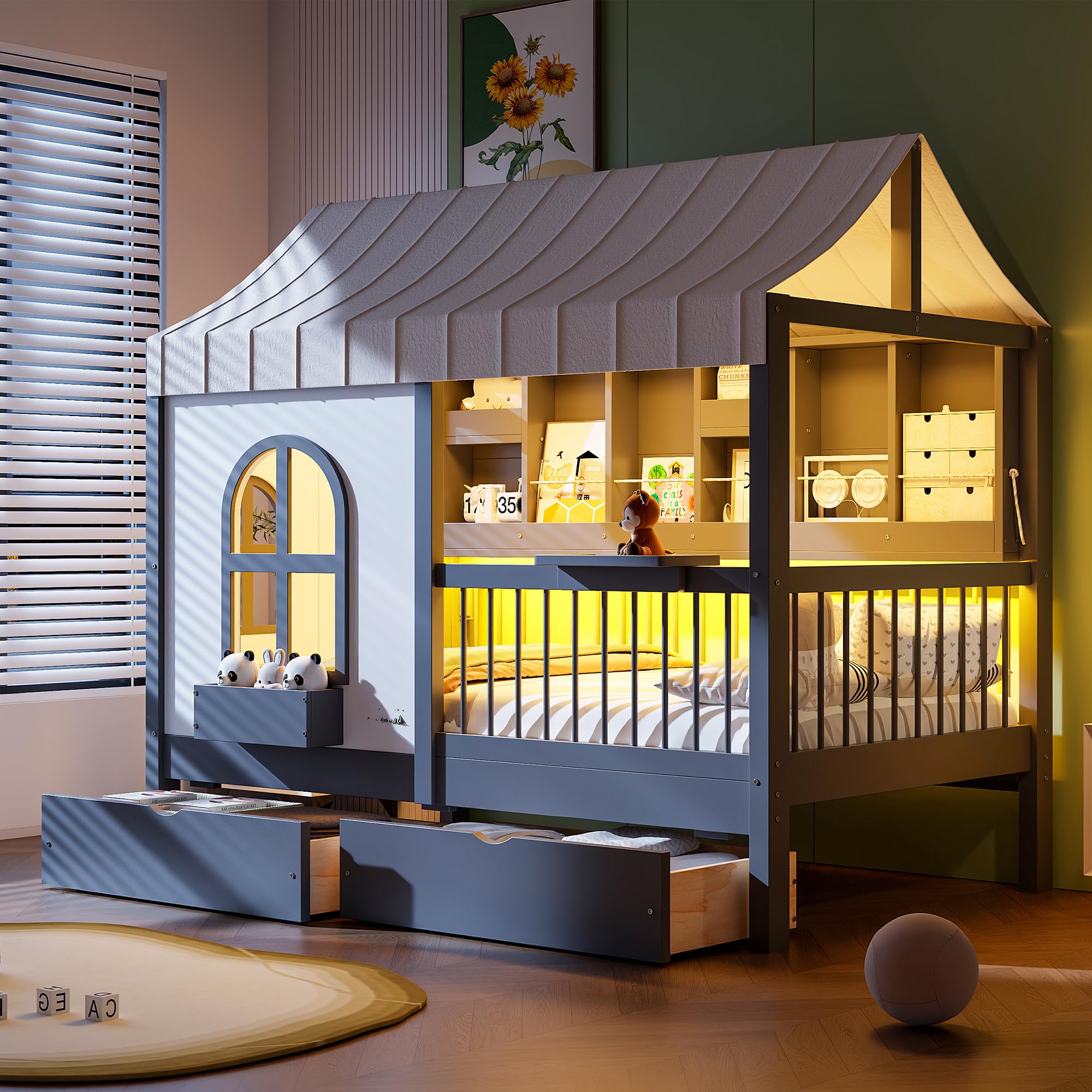 Twin Size House Bed with 2 Large Drawers, Side Bookshelf with LED Strip, Cozy Reading Nook &amp; Playhouse for Boys &amp; Girls (Gray-TT)