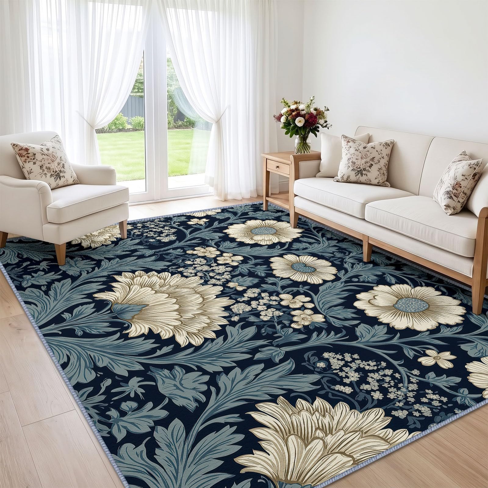 Générique Marguerite Feuille Tapis Salon 200x300 cm, Lavable en Machine | Interieur Poil Ra Antidérapant Tapis, Rustique Imprimé Bohème pour Chambre Manger Bureau Cuisine