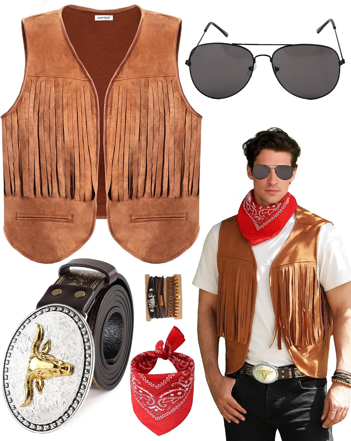 5 Pcs Western Cowboy Costume Outfit for Men,Cowboy Vest Buckle Belt Accessories for Halloween Cosplay Party