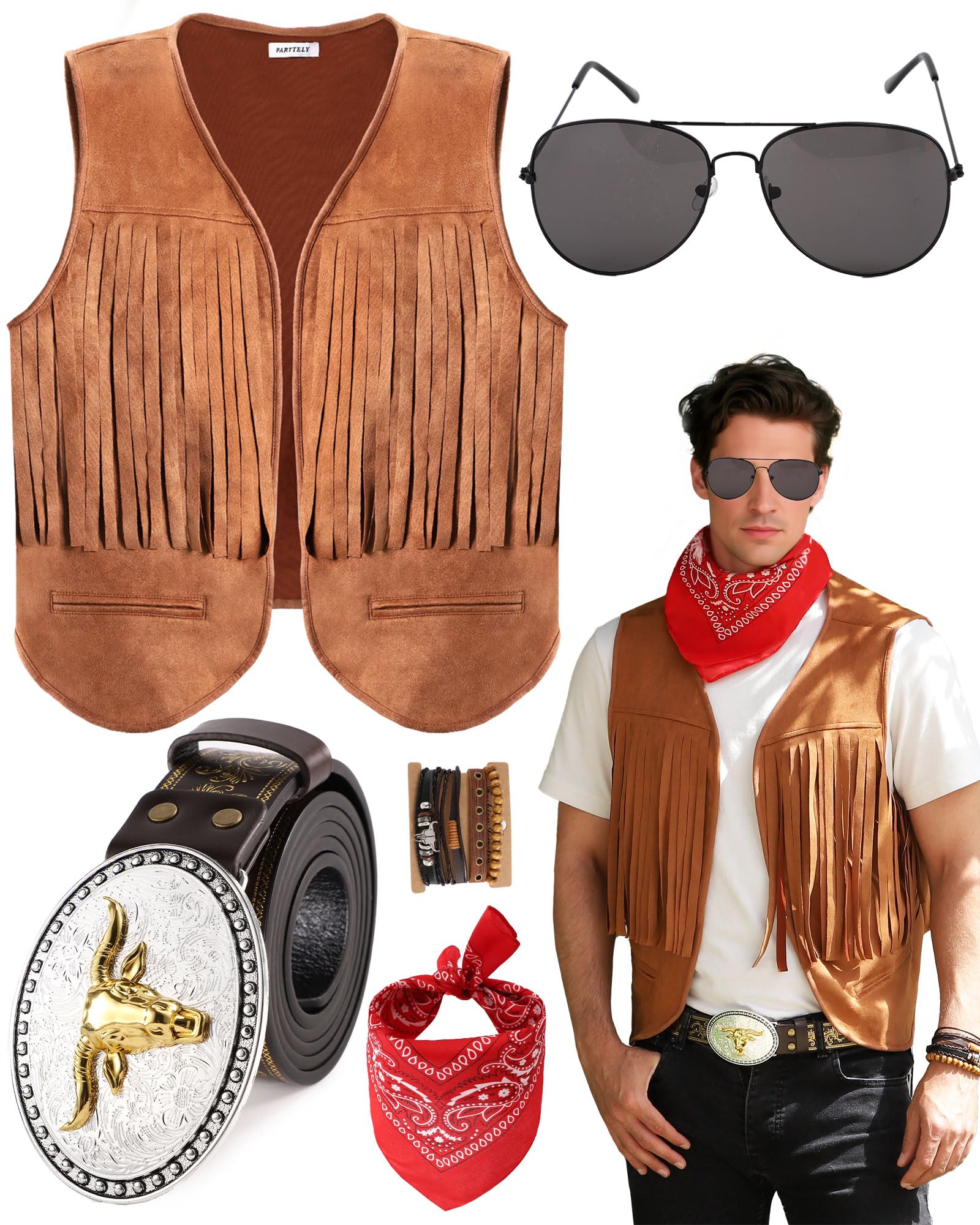 PARTTELY Western Cowboy Costume Outfit for Men,Cowboy Vest Buckle Belt Accessories for Halloween Cosplay Party, Brown, S