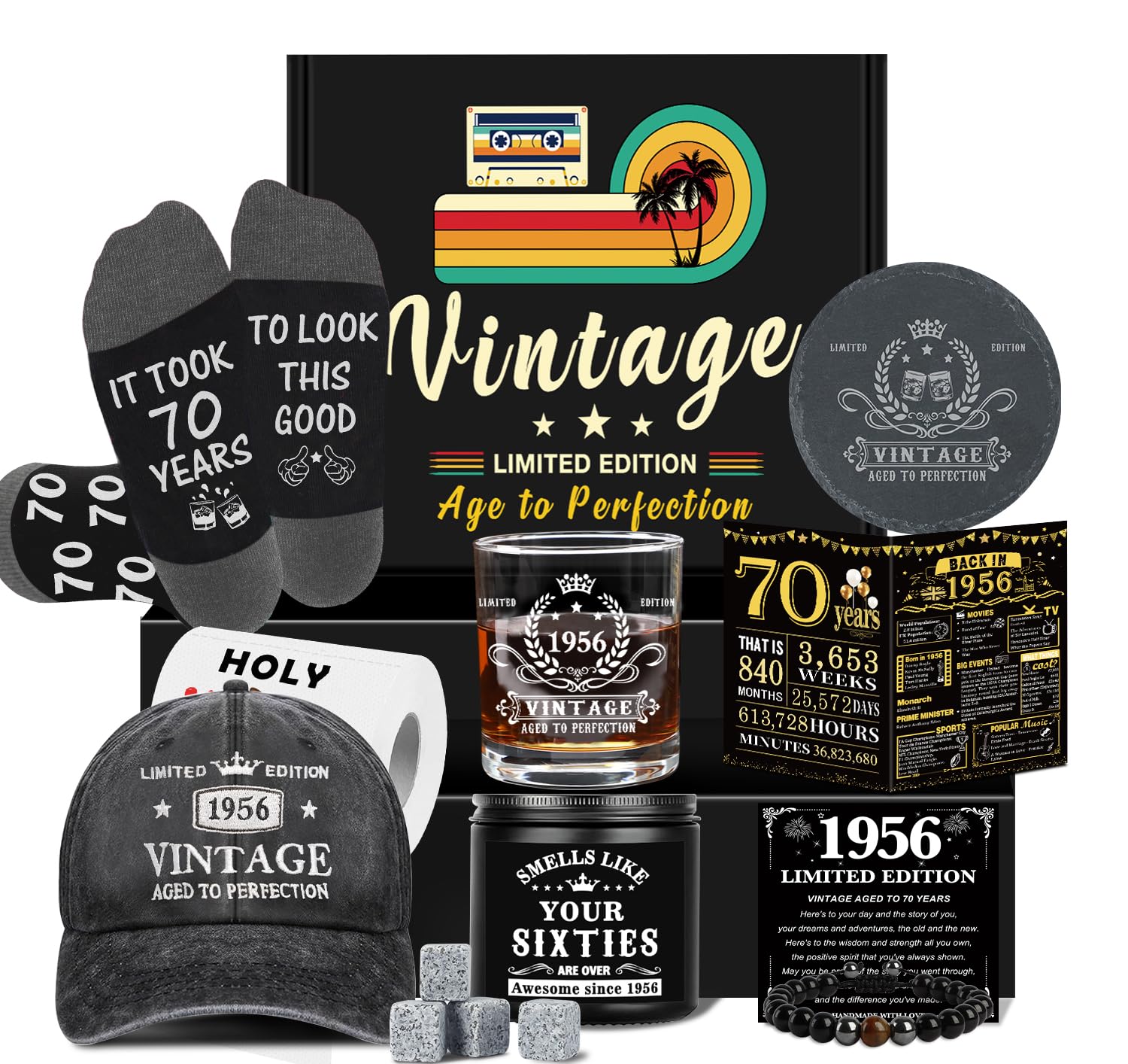 70th Birthday Gifts for Men, Cool 70th Birthday Decorations for Men, 70 Year Old Gifts for Man Who Have Everything, 1956 70th Birthday Gift Baskets for Man Whiskey Glass Baseball Cap Socks Stones