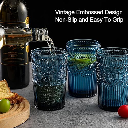 Miniatura 7 de Juego de 6 vasos de cristal vintage para beber, 13 onzas, diseño de flores texturizadas azules, vasos de agua con rayas en relieve para agua,