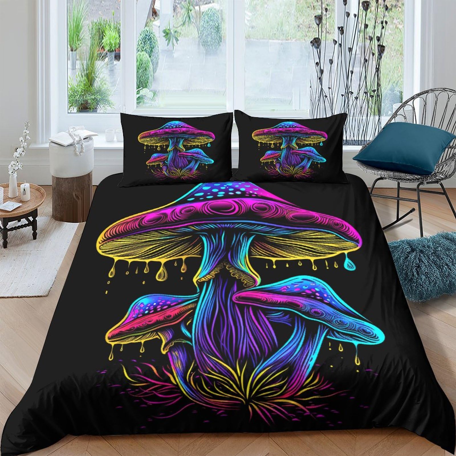 Housse de couette 200x200 cm champignon en microfibre avec 2 taies d'oreiller