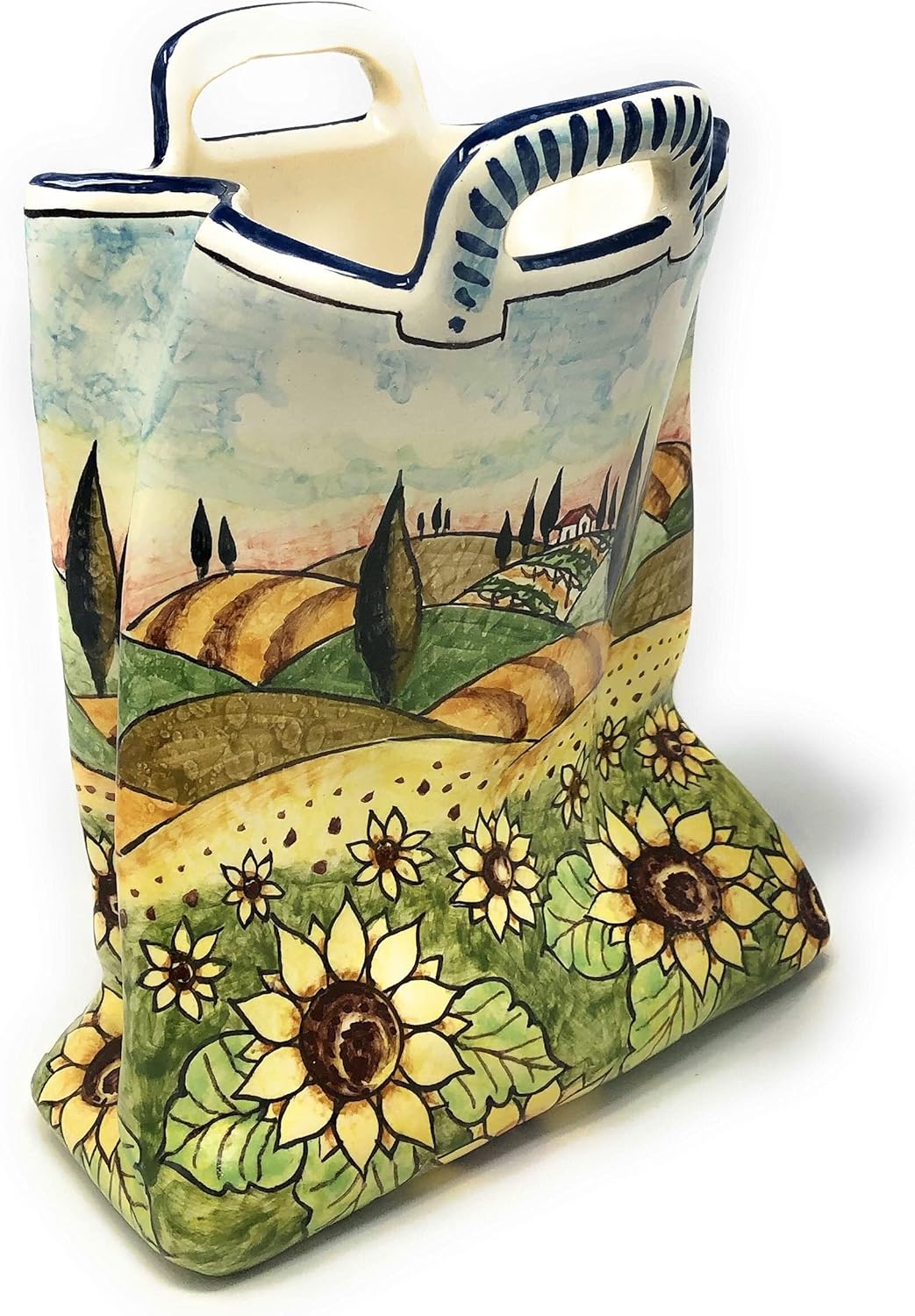 CERAMICHE D'ARTE PARRINI - Italian Ceramic Art Pottery Bag Planter Flowerpot Hand Painted Decorated Sunflowers Landscape Made in ITALY Tuscan