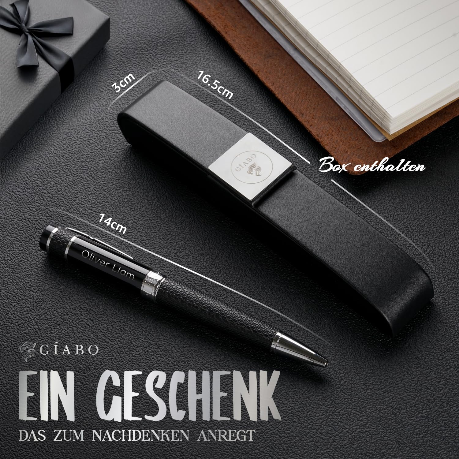 Gíabo Premium Kugelschreiber aus Edelstahl mit PU-Leder-Schaft und individueller Gravur | Hochwertiges Schreibgerät mit Etui – Ideal als persönliches Geschenk für Büro, Business und besondere Anlässe