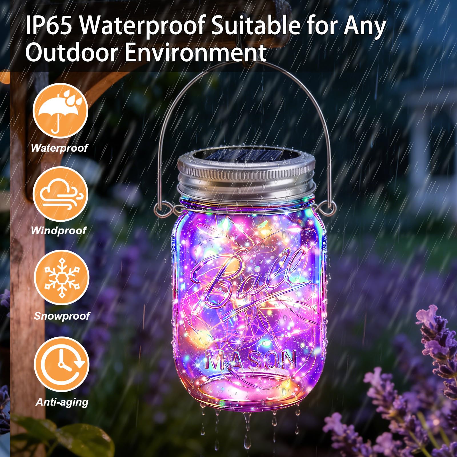 VOOKRY Lot de 12 guirlandes lumineuses solaires pour bocaux Mason - 30 LED - Étanche - Avec 12 crochets (sans bocaux) - Pour extérieur, terrasse, jardin, cour, pelouse, fête, mariage - Multicolore