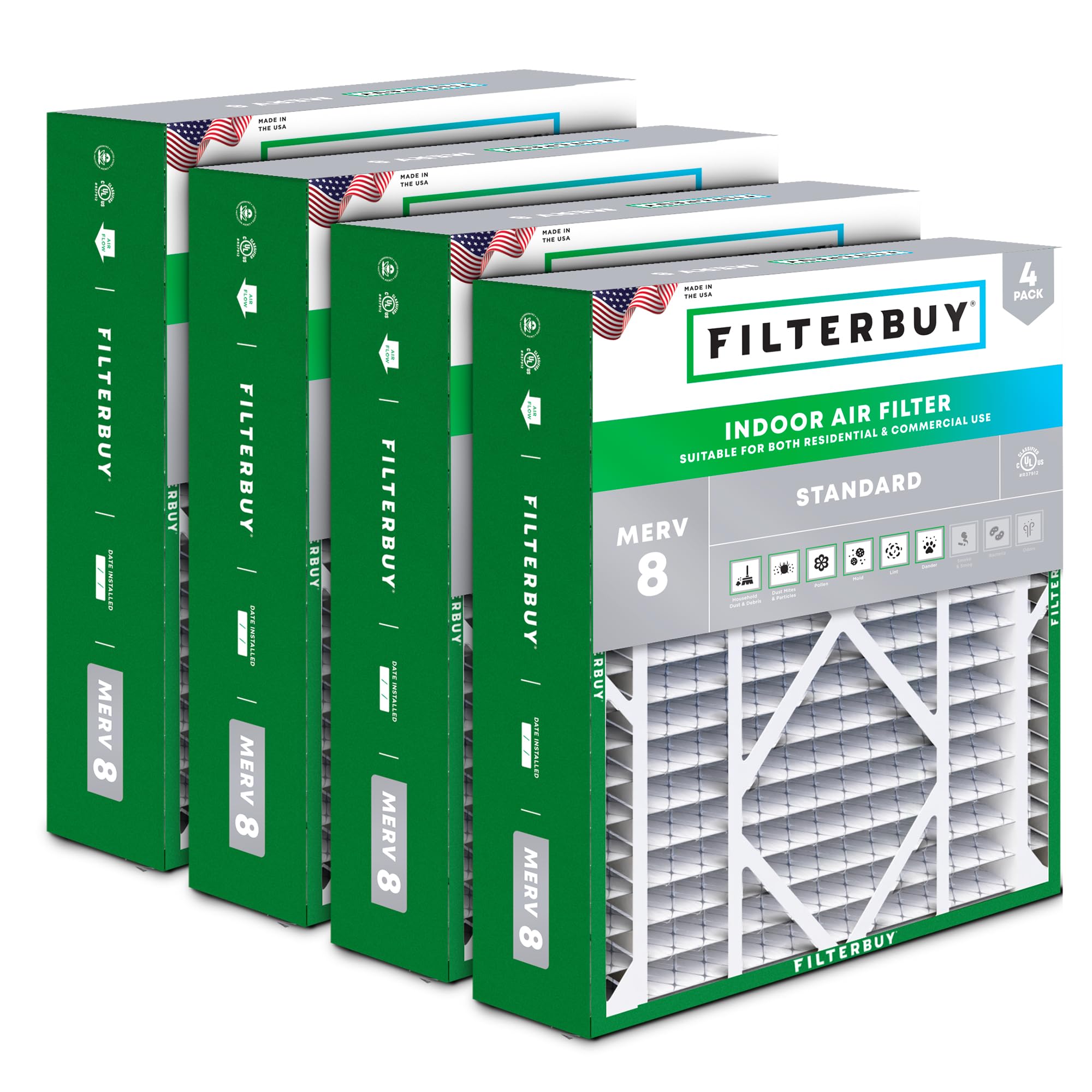 Filterbuy 21x21x5 Air Filter MERV 8 Dust Defense (4-Pack), Pleated HVAC AC Furnace Air Filters Replacement for Rheem, Ruud, and Protech (Actual Size: 20.63 x 20.63 x 4.38 Inches)